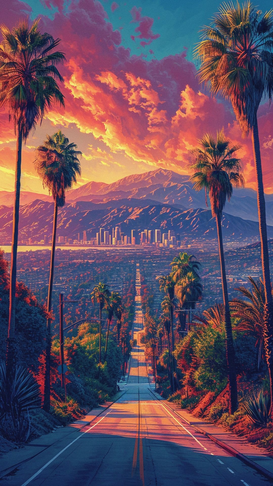 Tall palm trees frame a winding road and the Los Angeles skyline under a vibrant purple and orange sunset sky.