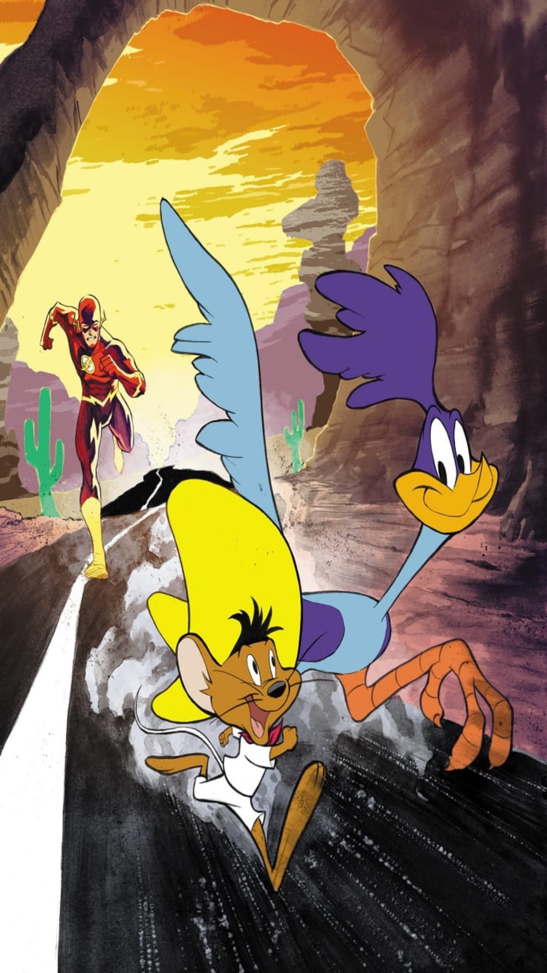 The Flash, Speedy Gonzales, and Road Runner sprint through a rocky desert canyon during a golden sunset.