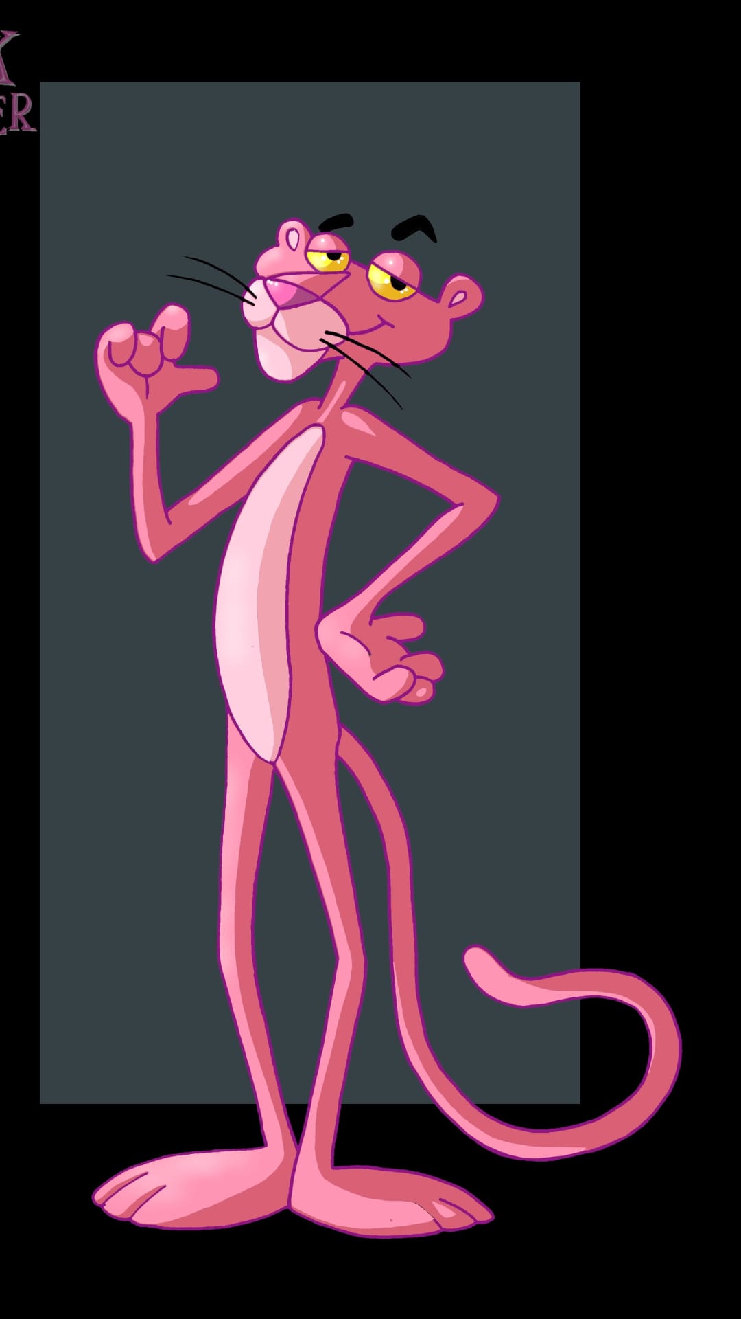 Pink Panther with a smug smirk and yellow eyes stands confidently against a dark grey and black background.