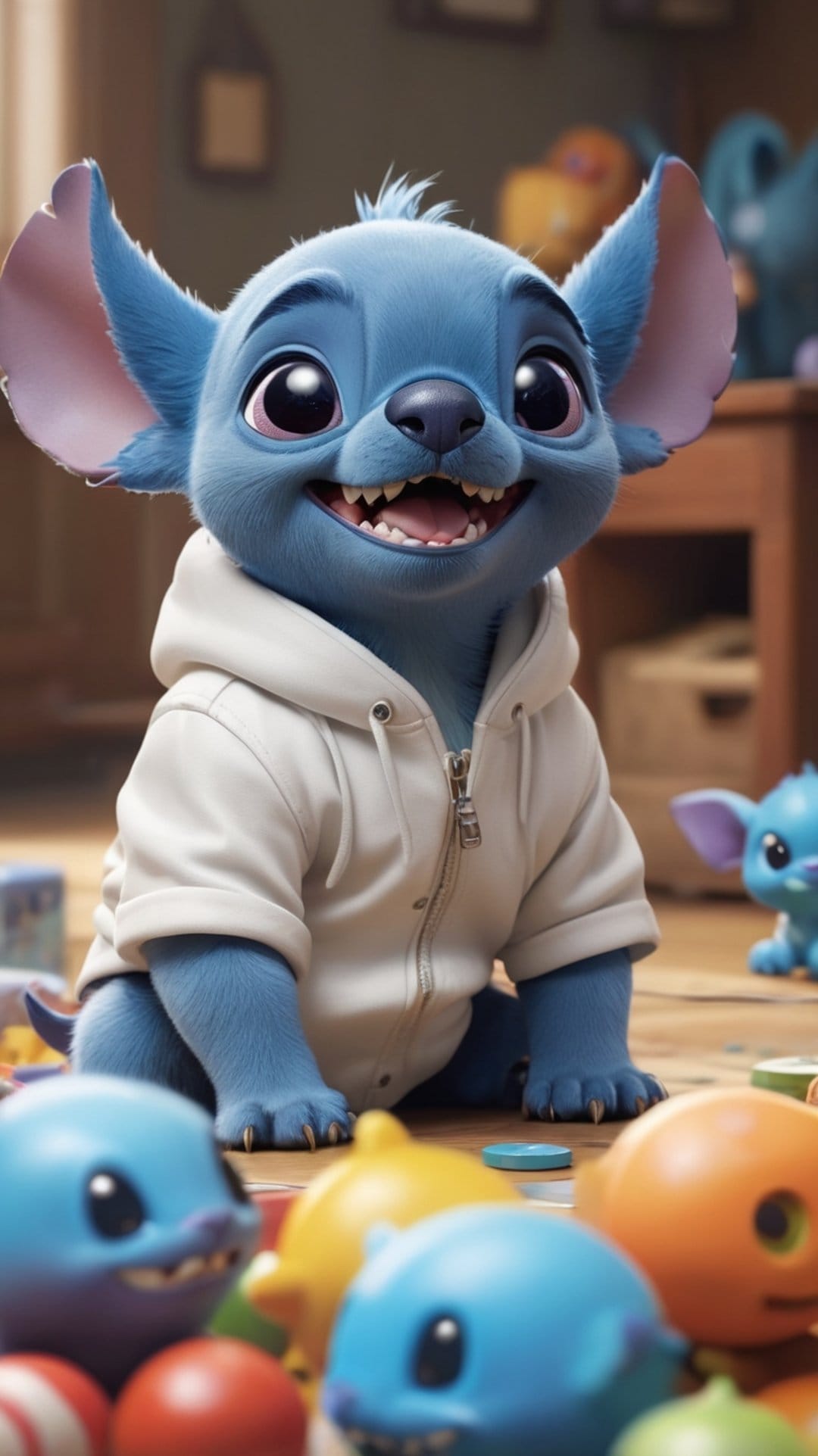Blue alien with a toothy grin wears a white hoodie while sitting on wood floors surrounded by colorful toy balls.