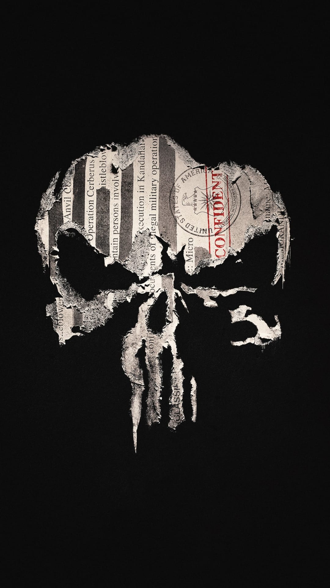 Punisher skull logo formed from shredded classified government papers featuring Operation Cerberus text.