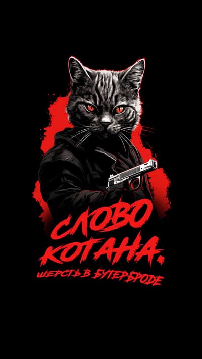 cat,gun,jacket,words,inscription,black background,art,parody