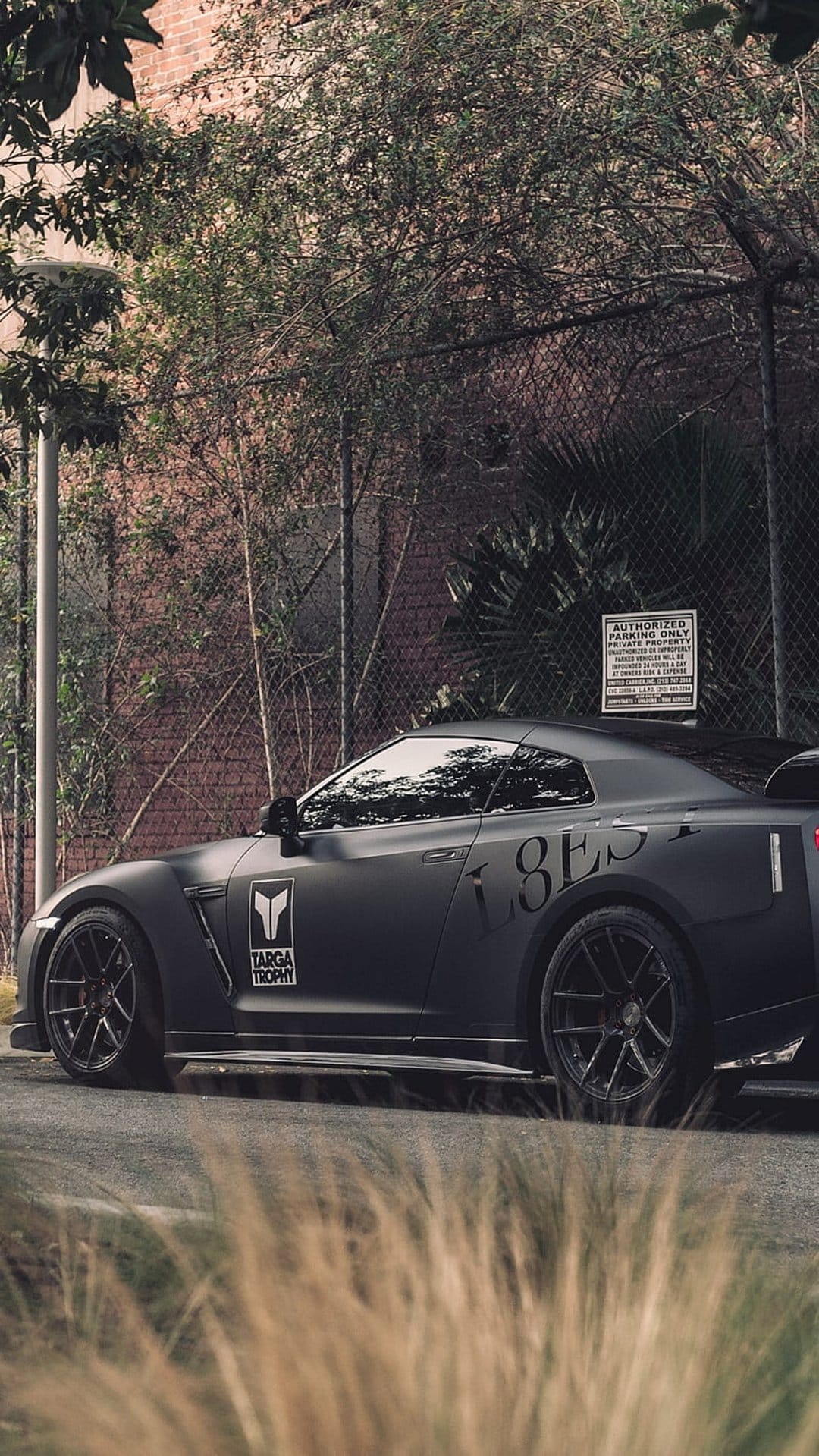 Nissan GT-R in matte black with custom decals parked along a roadside fence with green foliage in the background.