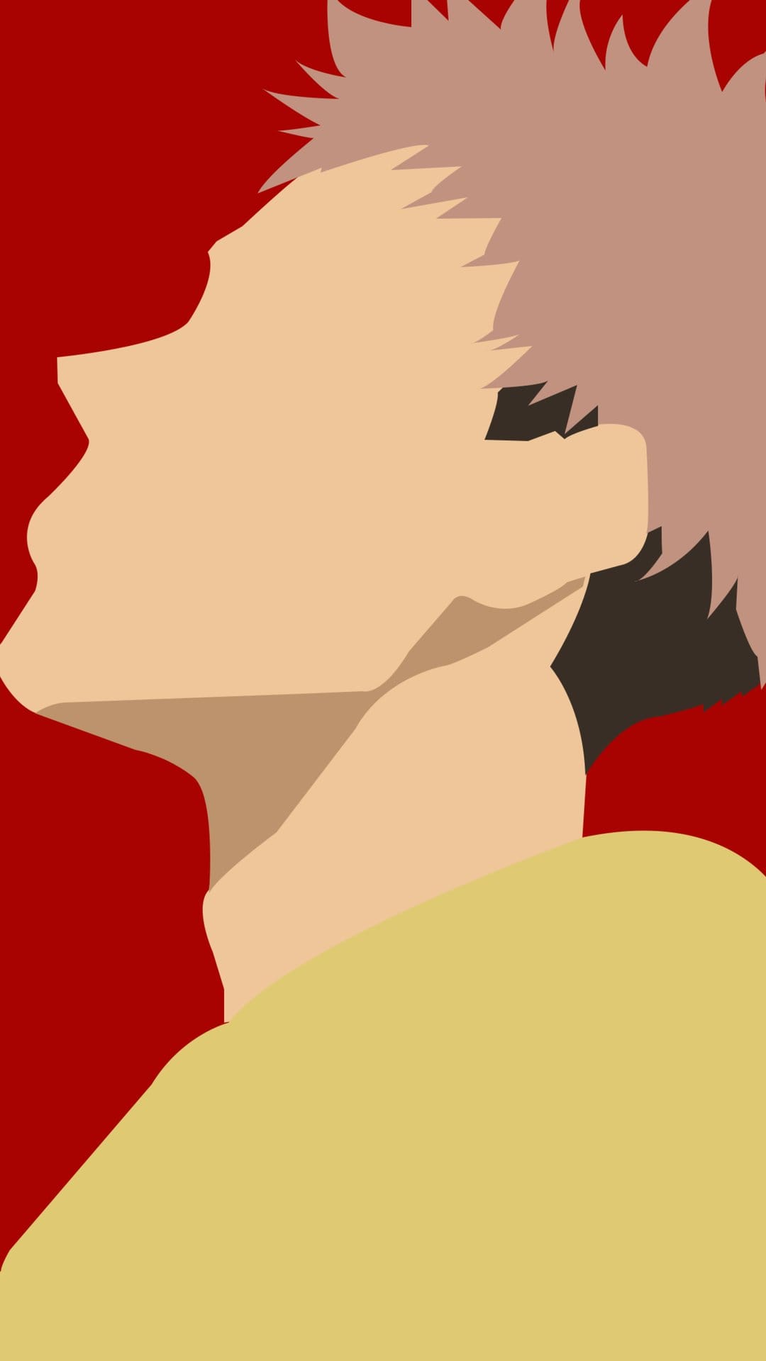 Yuji Itadori features a side profile view with spiked pink hair over a flat crimson background in a clean style.