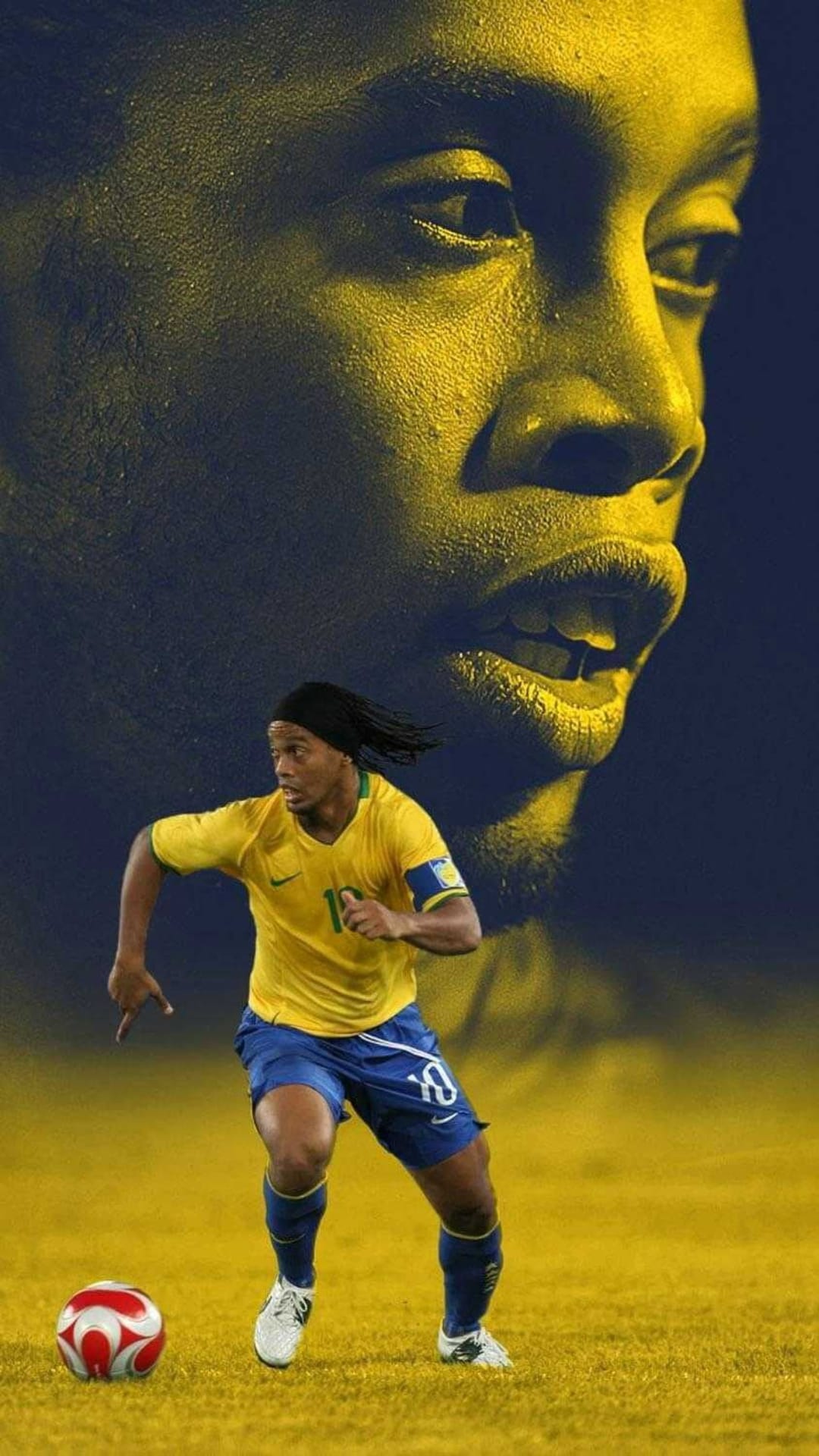 Ronaldinho wears a yellow jersey and blue shorts while a large abstract face of the player looms in the background.