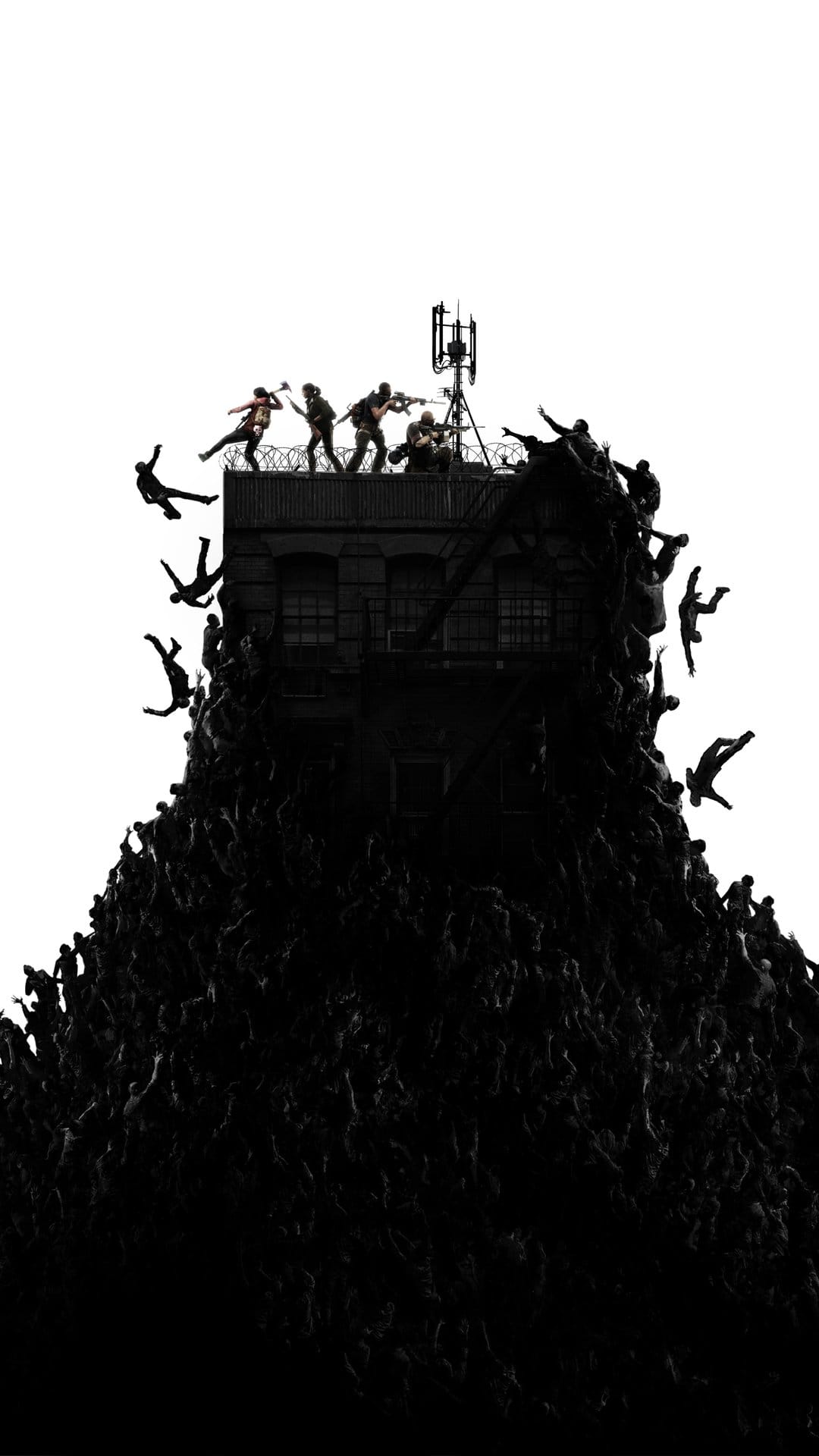 Survivors on a rooftop defend themselves against a mountain of climbing shadowy figures over a white background.