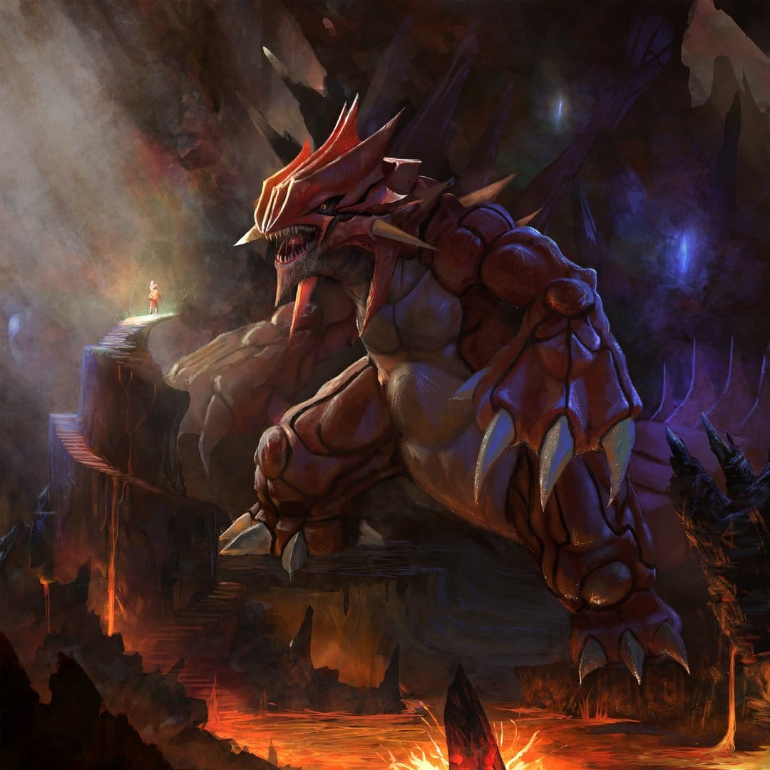 Giant red creature with sharp claws facing a small human on a stone ledge inside a glowing volcanic cave.