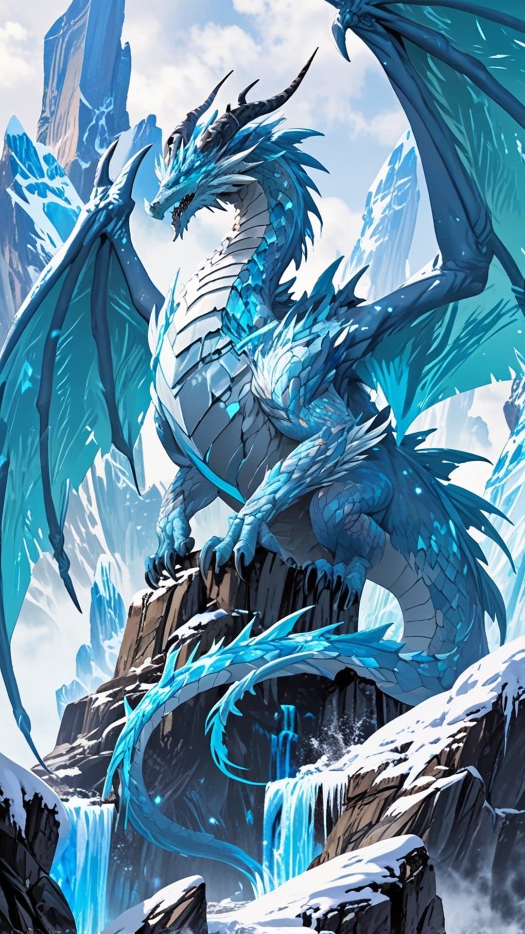 Blue glowing dragon perches on dark rocks near frozen waterfalls and snow-covered mountain peaks during winter.