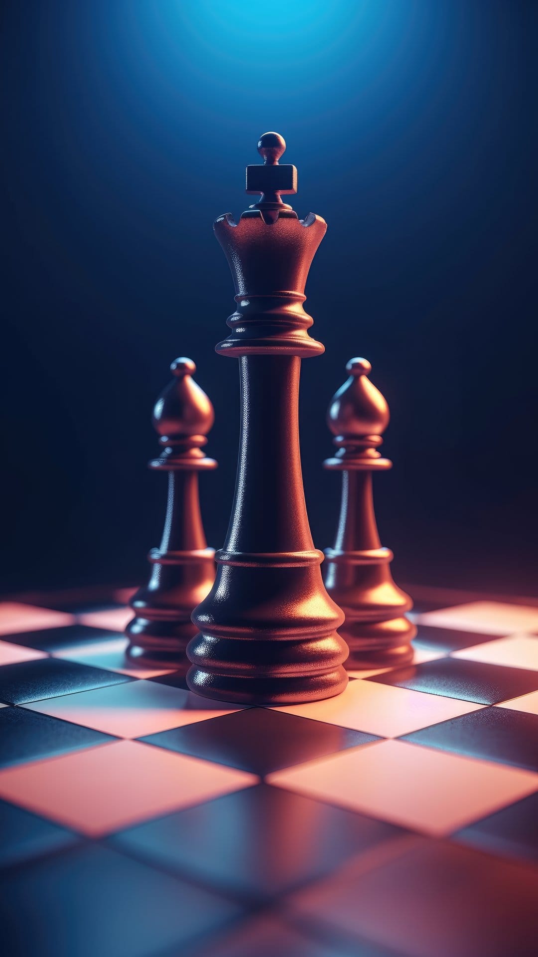 Chess king and bishops stand on a reflective board with dramatic blue and red lighting and deep shadows.