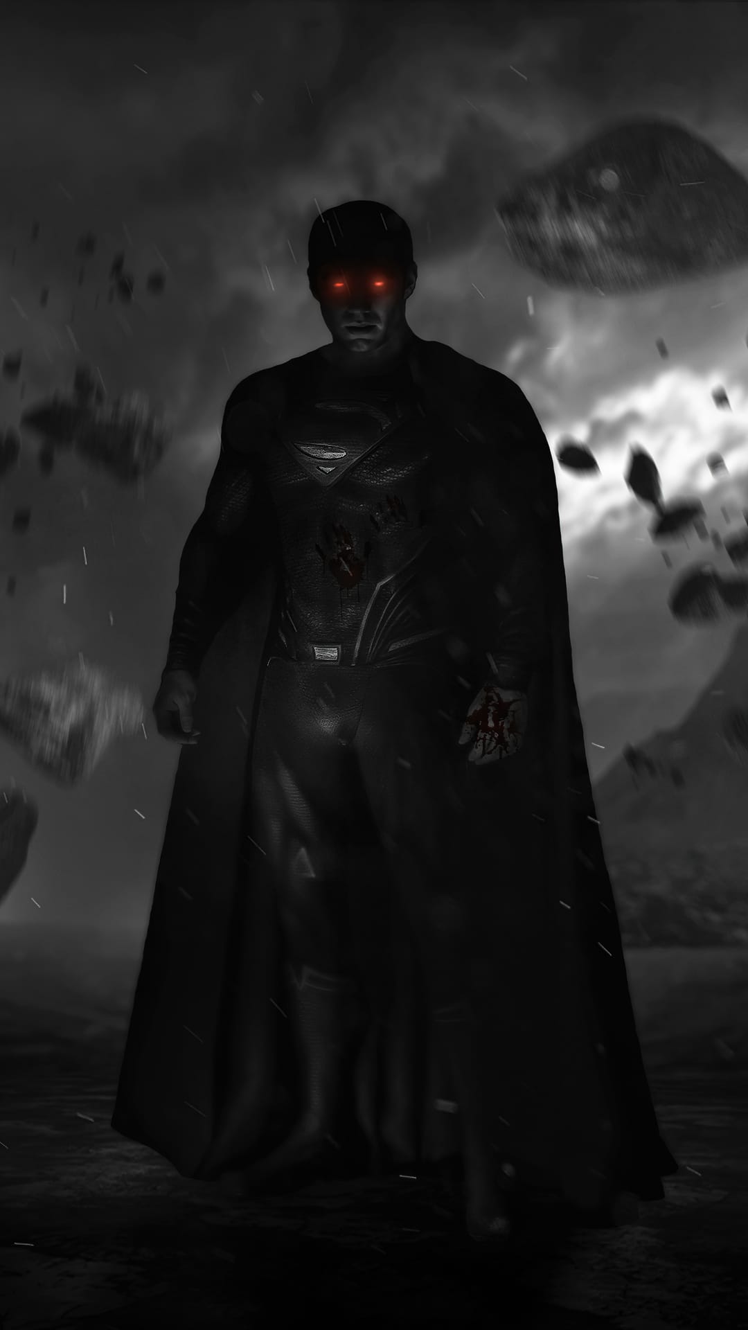 Superman with glowing red eyes and a black suit stands in a stormy landscape with floating rocky debris.