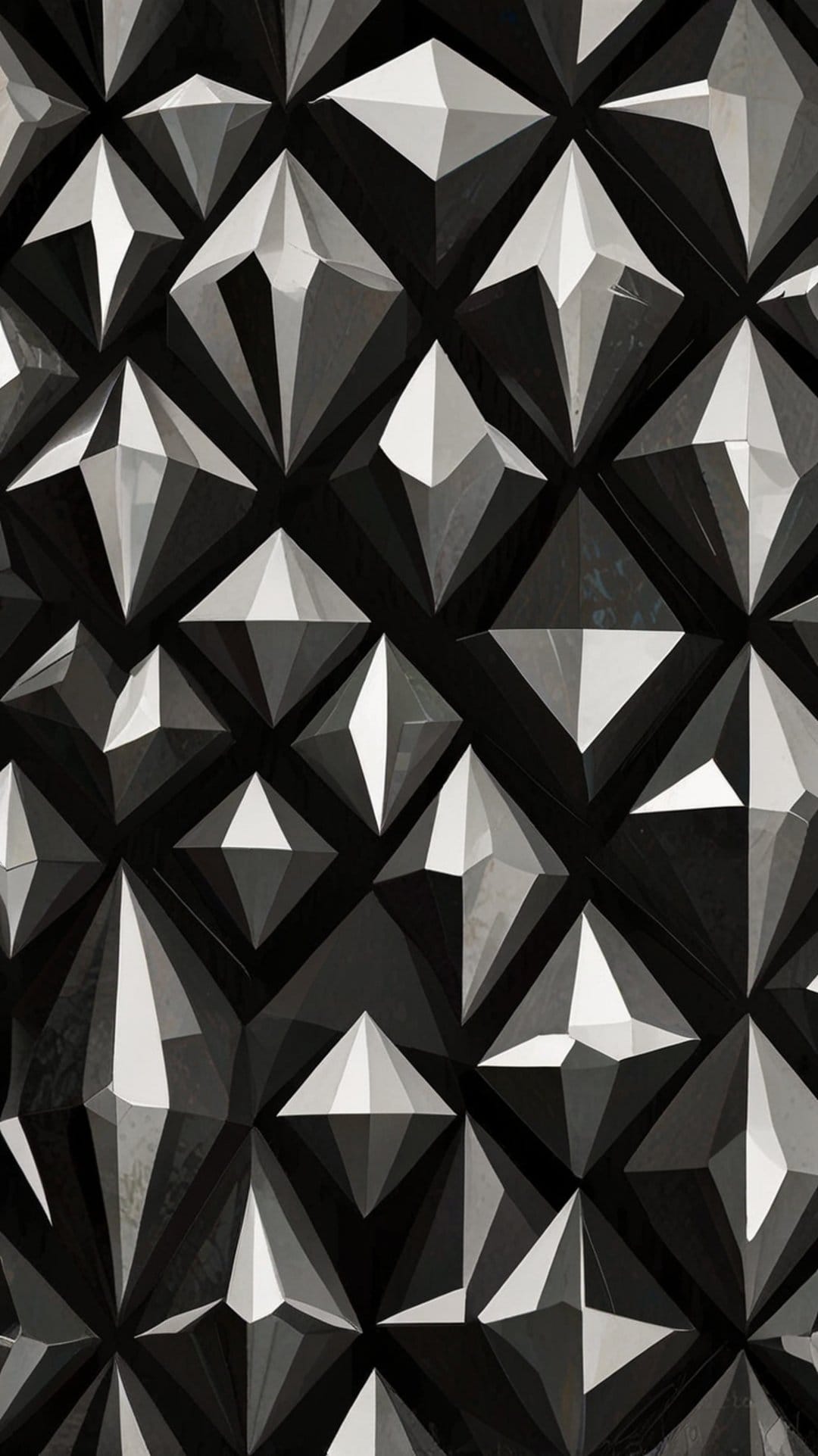 Jagged diamond facets in shades of gray and white create a sharp, architectural 3D geometric pattern.
