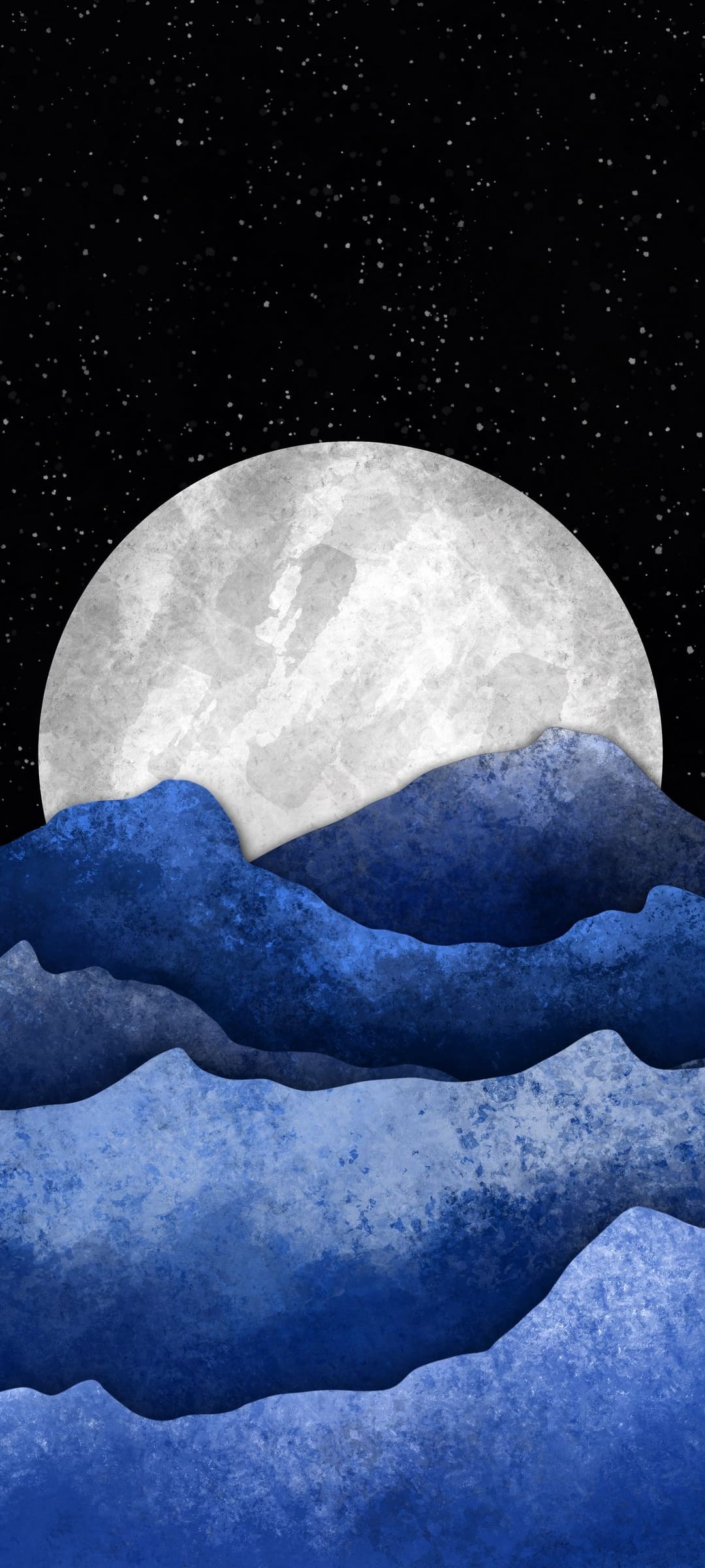 Luminous full moon shines over layered blue mountain silhouettes against a dark starry sky in a vertical layout.