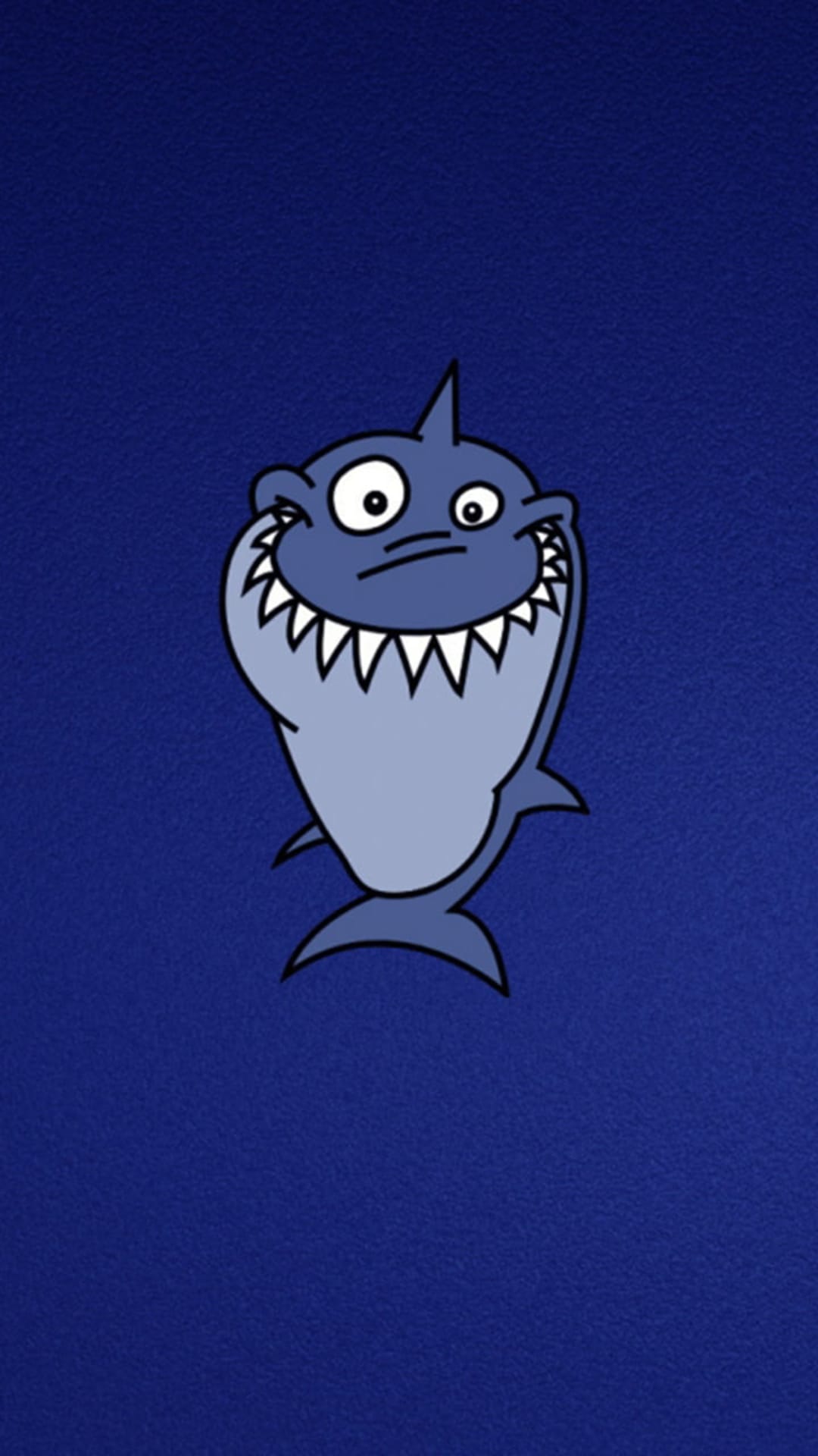 Blue shark with a large toothy smile and wide eyes floats against a textured deep blue marine background.