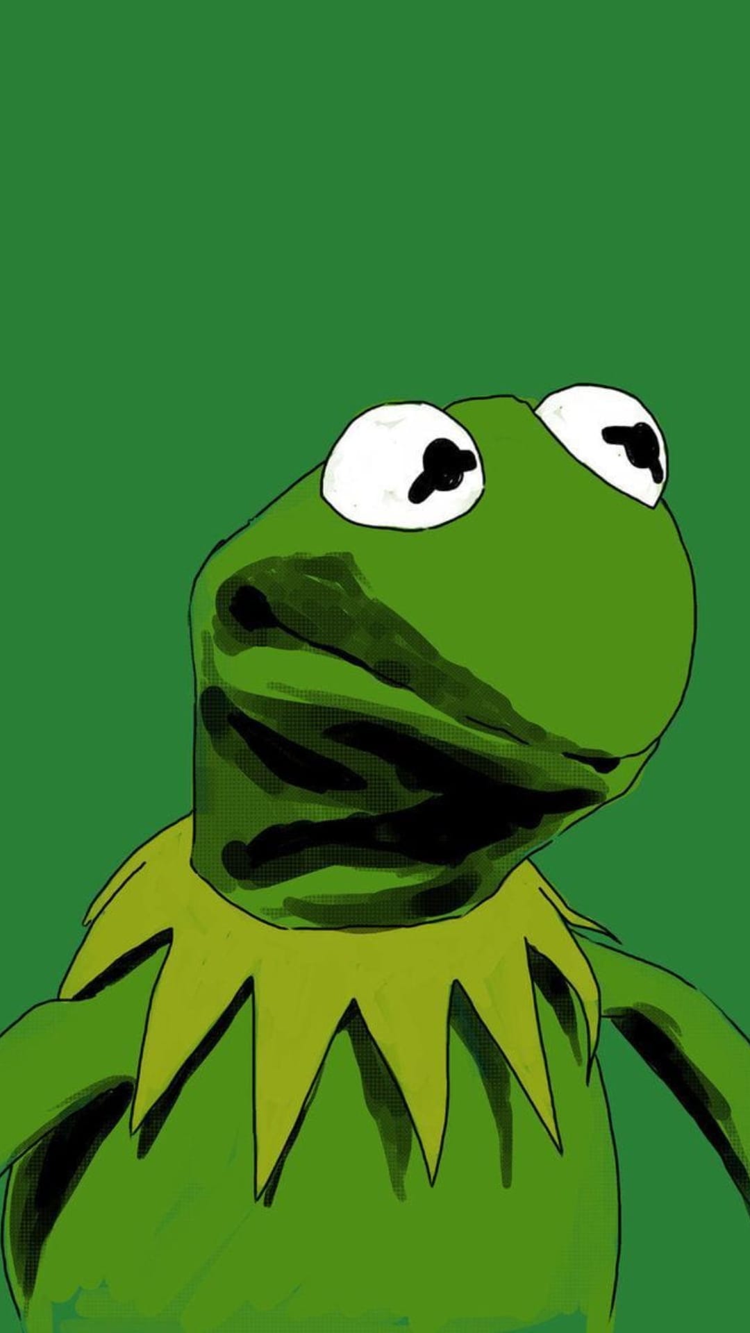 Kermit the Frog with a subtle smirk stands against a solid, vibrant green backdrop in this portrait orientation.