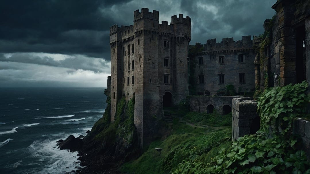 Ancient stone fortress on a rugged cliff overlooking dark turbulent ocean waves under a heavy overcast sky.