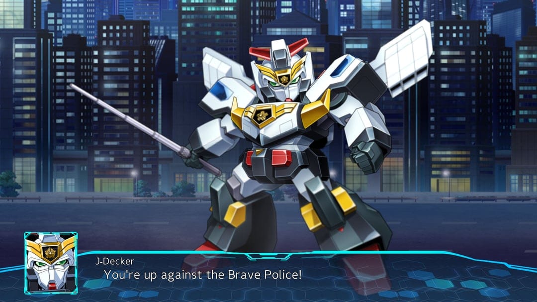 J-Decker mecha holding a baton in a nighttime city street with glowing skyscrapers in the background.