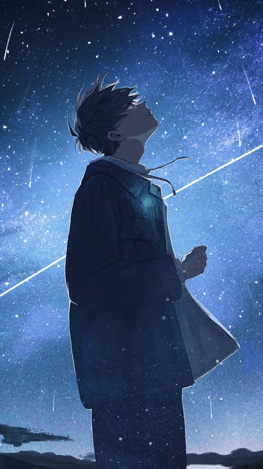 Young man with a side profile looks toward a purple night sky filled with glowing stars and falling meteors.