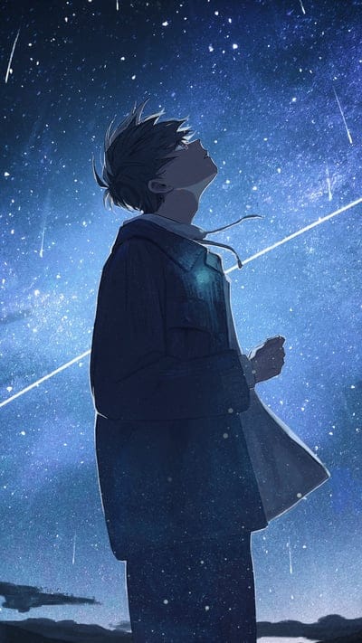 Anime boy, night sky, stars, meteors, celestial, aesthetic, thoughtful, tranquil, illustration, cosmic, blue, animated, solitude, peaceful, dreamlike