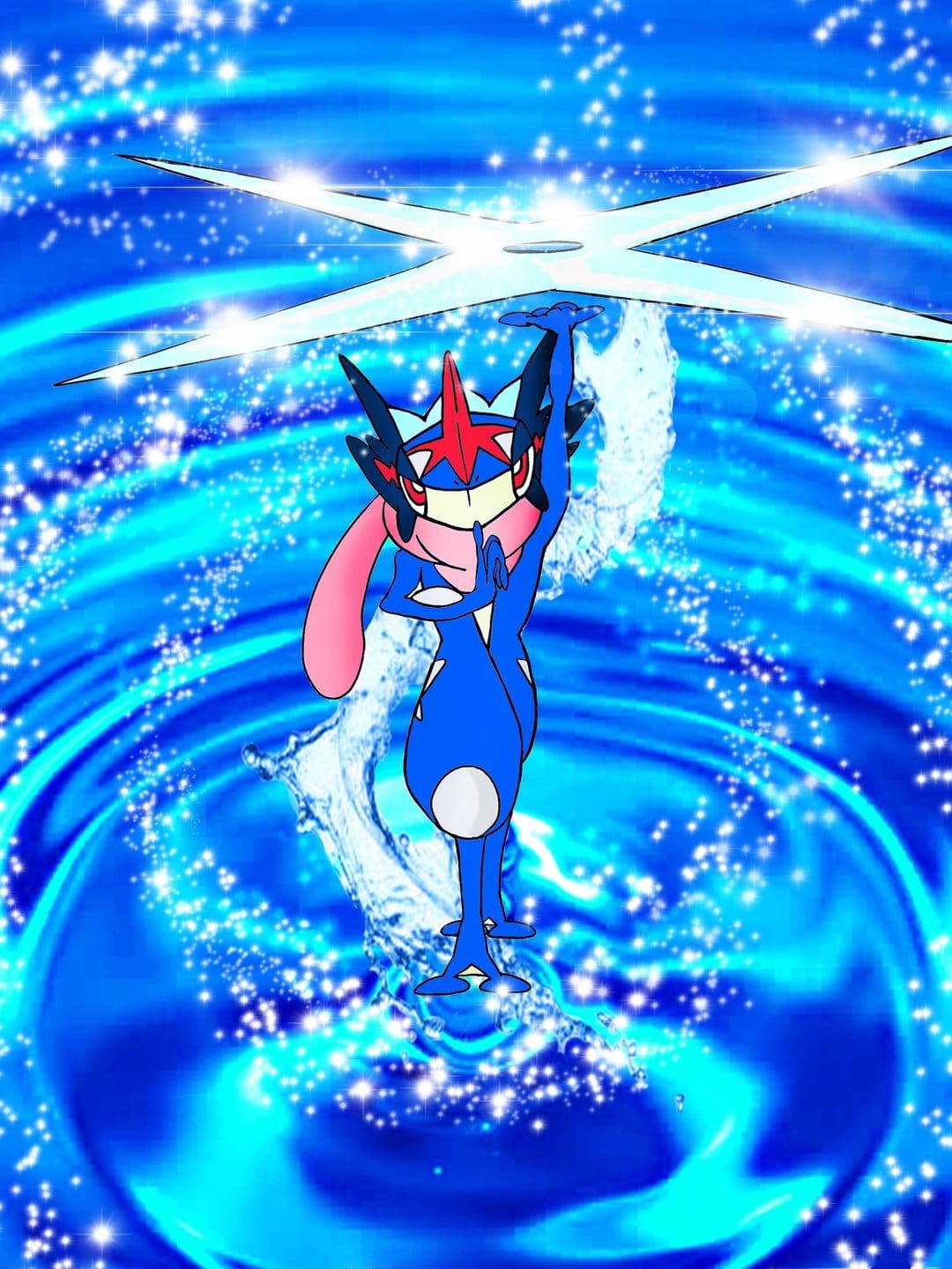 Ash-Greninja holding a large glowing water shuriken over its head amidst sparkling blue water ripples and splashes.