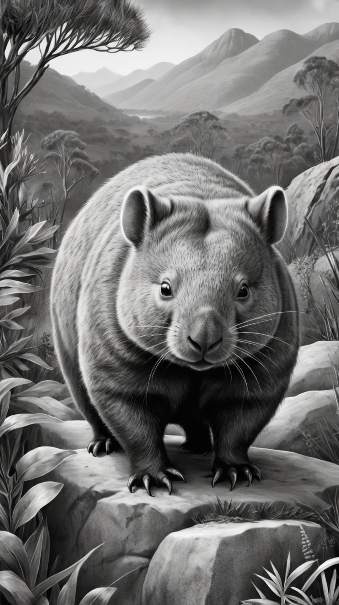 Wombat with thick fur stands on a rocky ledge overlooking a vast valley and layered mountain peaks.