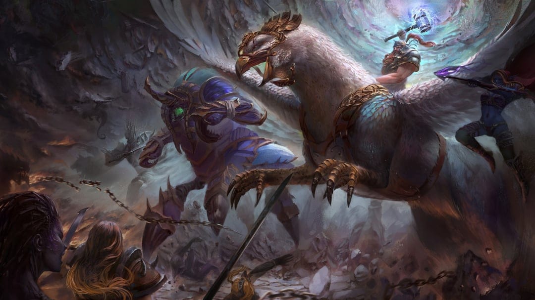 White gryphon and rider battle a giant purple insect monster amidst a magical blue portal and battlefield debris.
