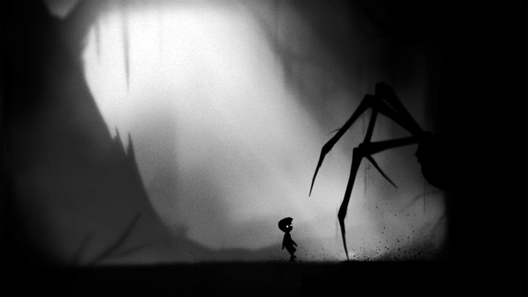 Black silhouette of a boy facing a massive spider in a misty monochromatic forest with glowing eyes.