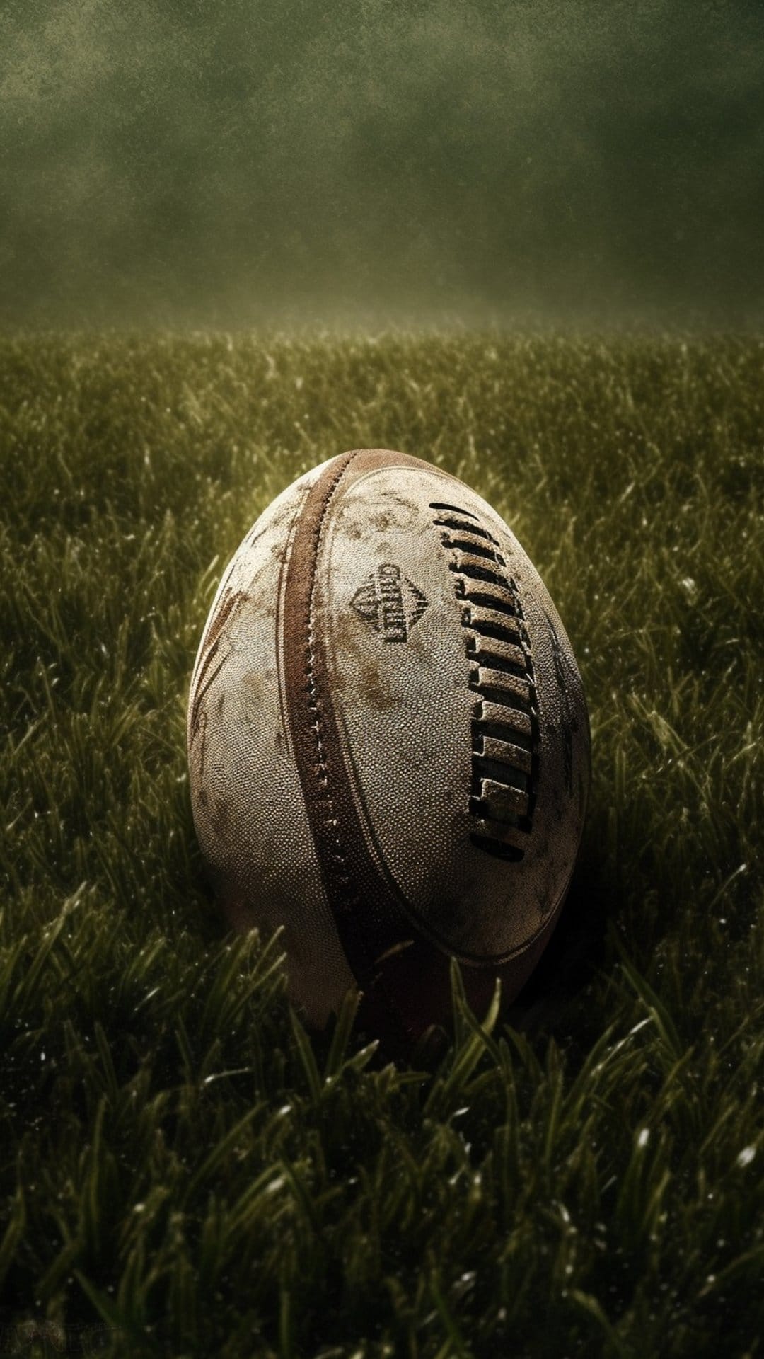 Rugby ball with visible leather texture resting on a green grass field under dramatic evening stadium lighting.