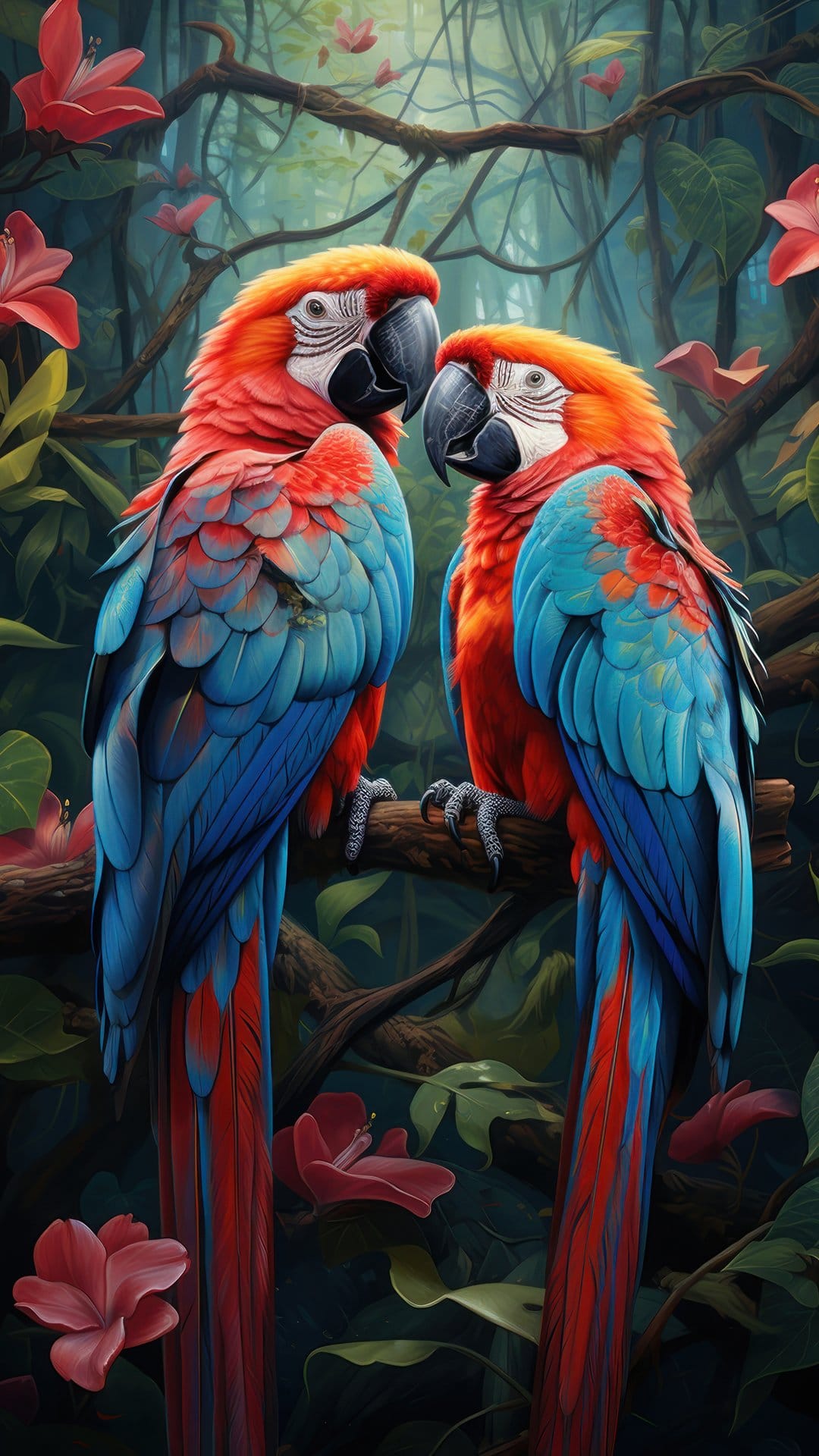 Two scarlet macaws with red, yellow, and blue feathers perch on a branch amidst green tropical leaves and flowers.