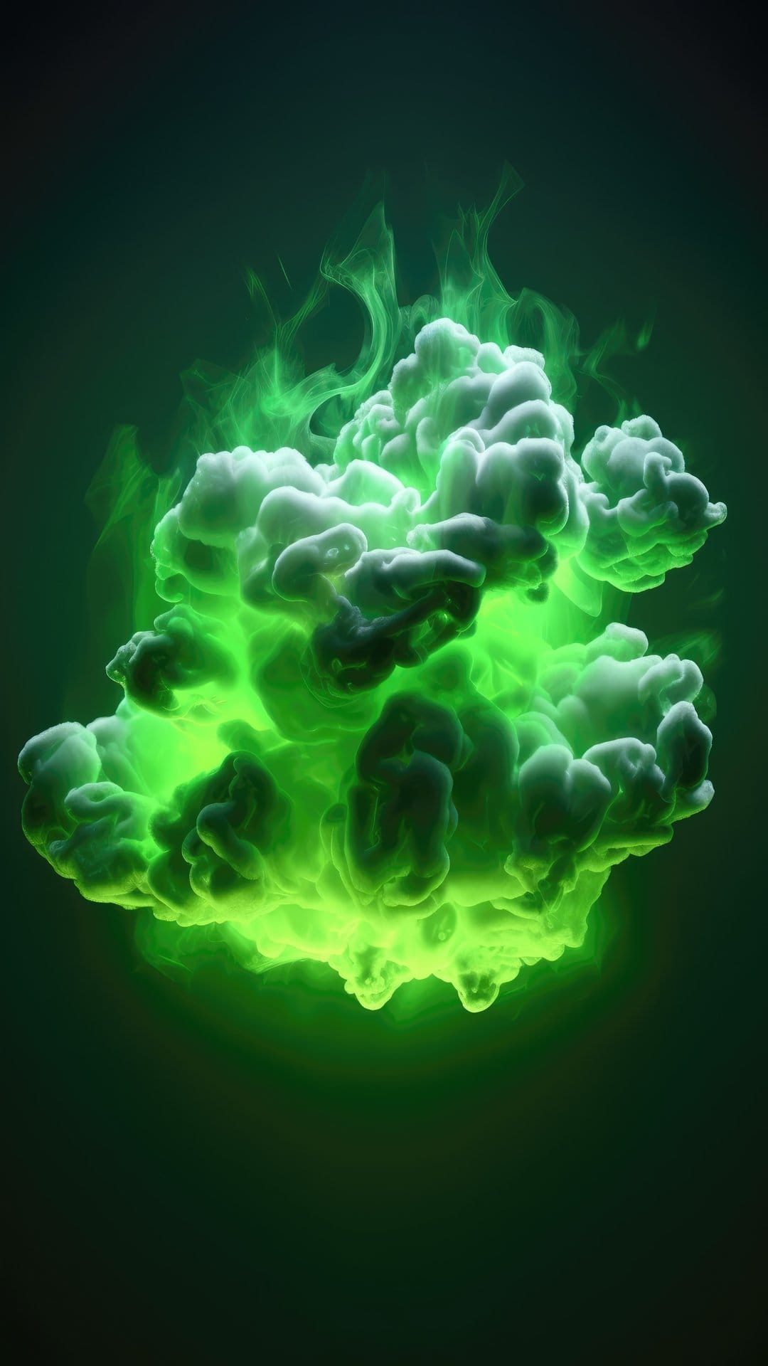 Luminous green smoke plumes billow against a black background with fine wispy textures and neon highlights.