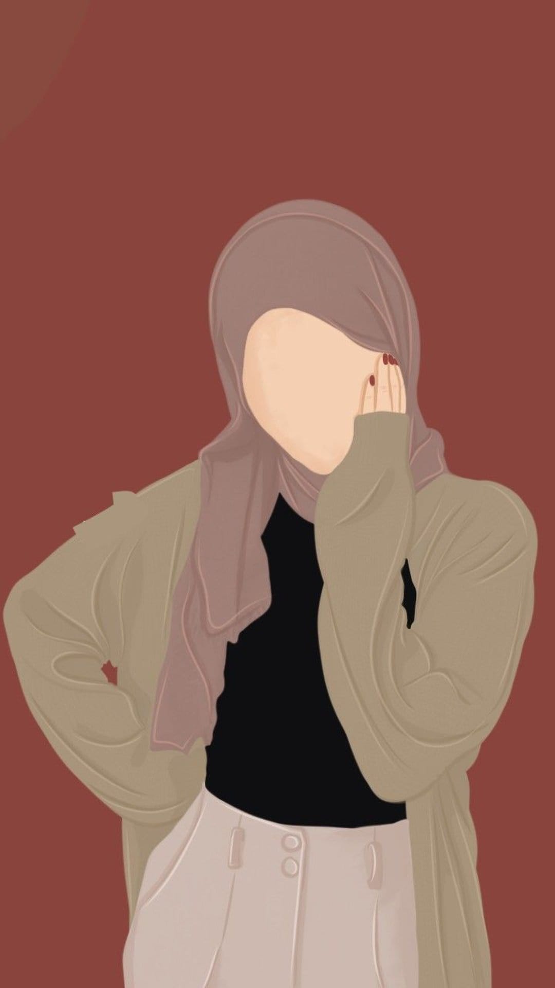 Woman in a hijab and oversized cardigan touches her face while wearing beige trousers and black top.