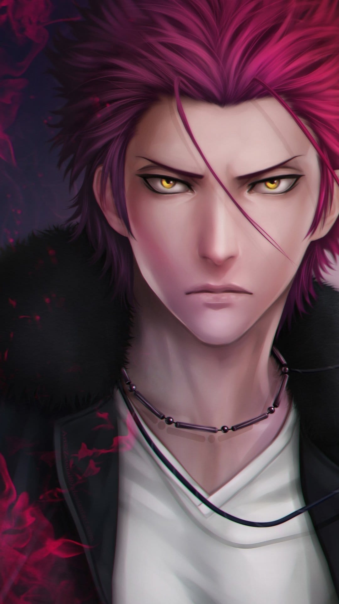Mikoto Suoh with spiky red hair and golden eyes wearing a fur-lined jacket while red smoke swirls around him.
