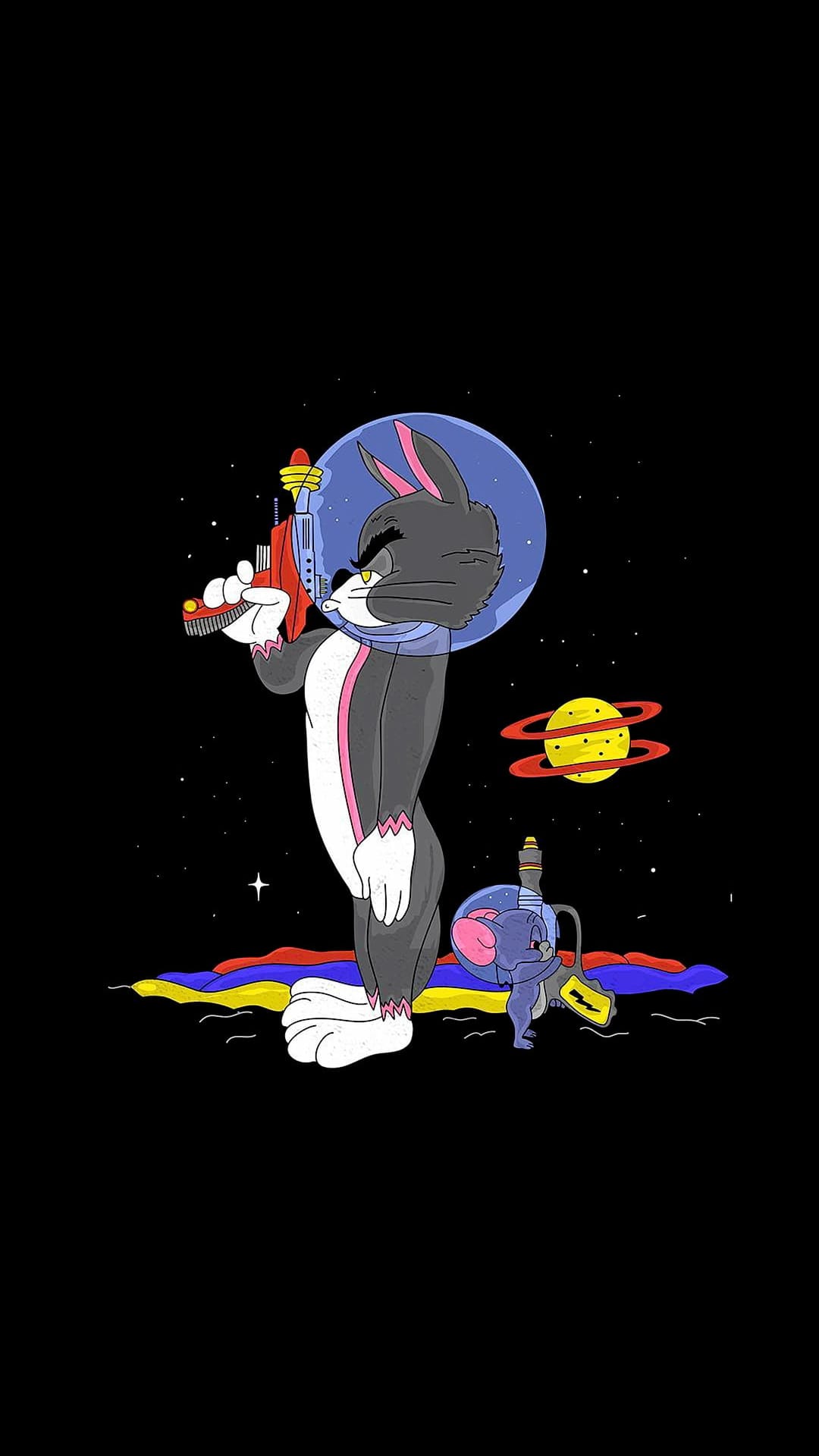 Tom the cat and Jerry the mouse wear astronaut helmets and point ray guns in a starry outer space scene.