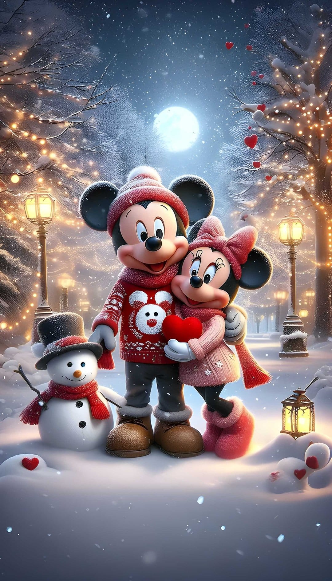 Mickey and Minnie Mouse embrace in a snowy forest with a snowman and glowing golden lanterns under a full moon.