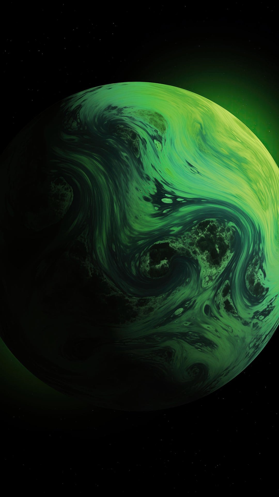 Green swirling planet with glowing atmospheric edges floats in a dark space void filled with distant faint stars.