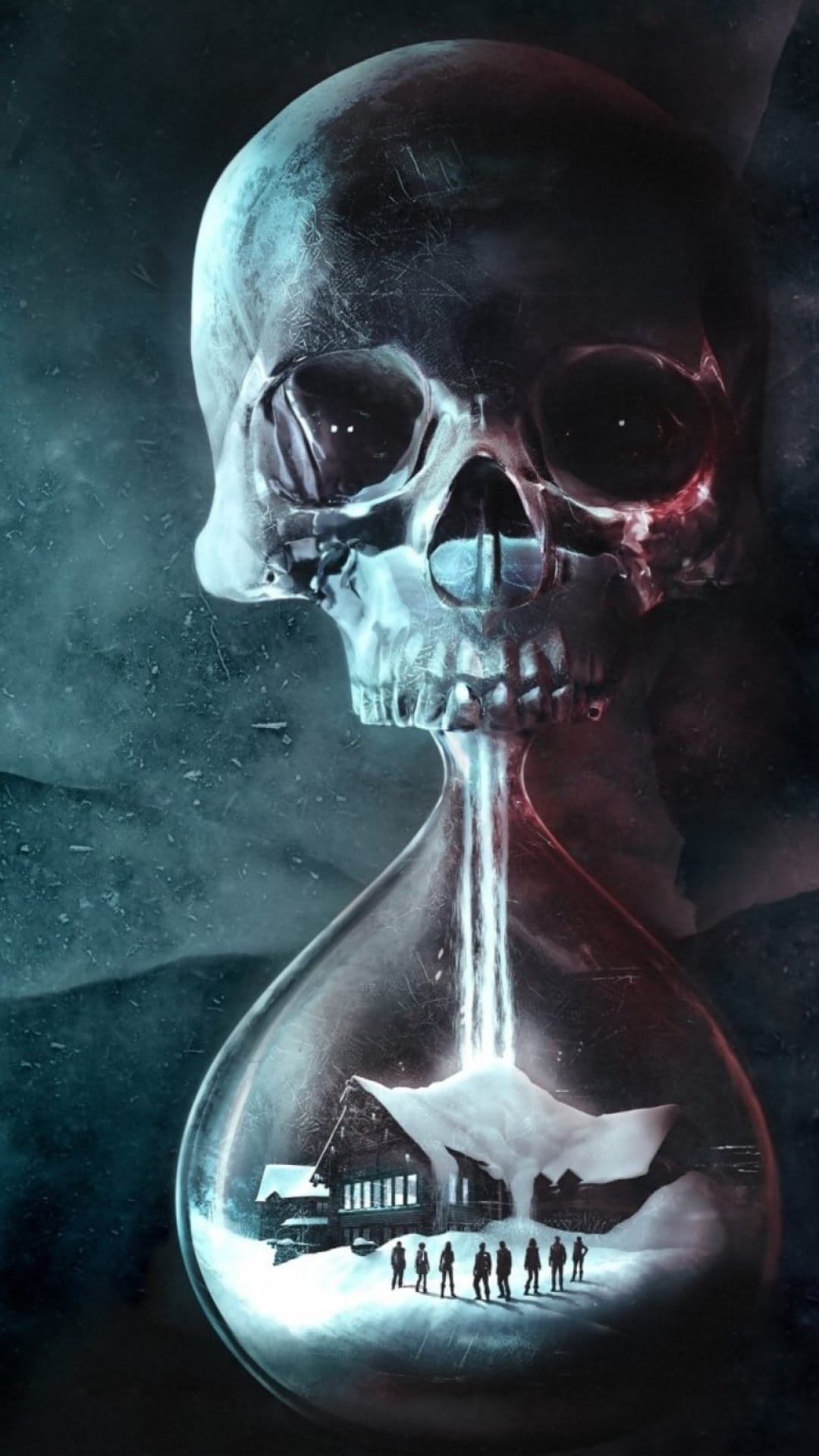 Translucent skull with a snowy cabin inside its base glowing with red and blue light in a dark void.