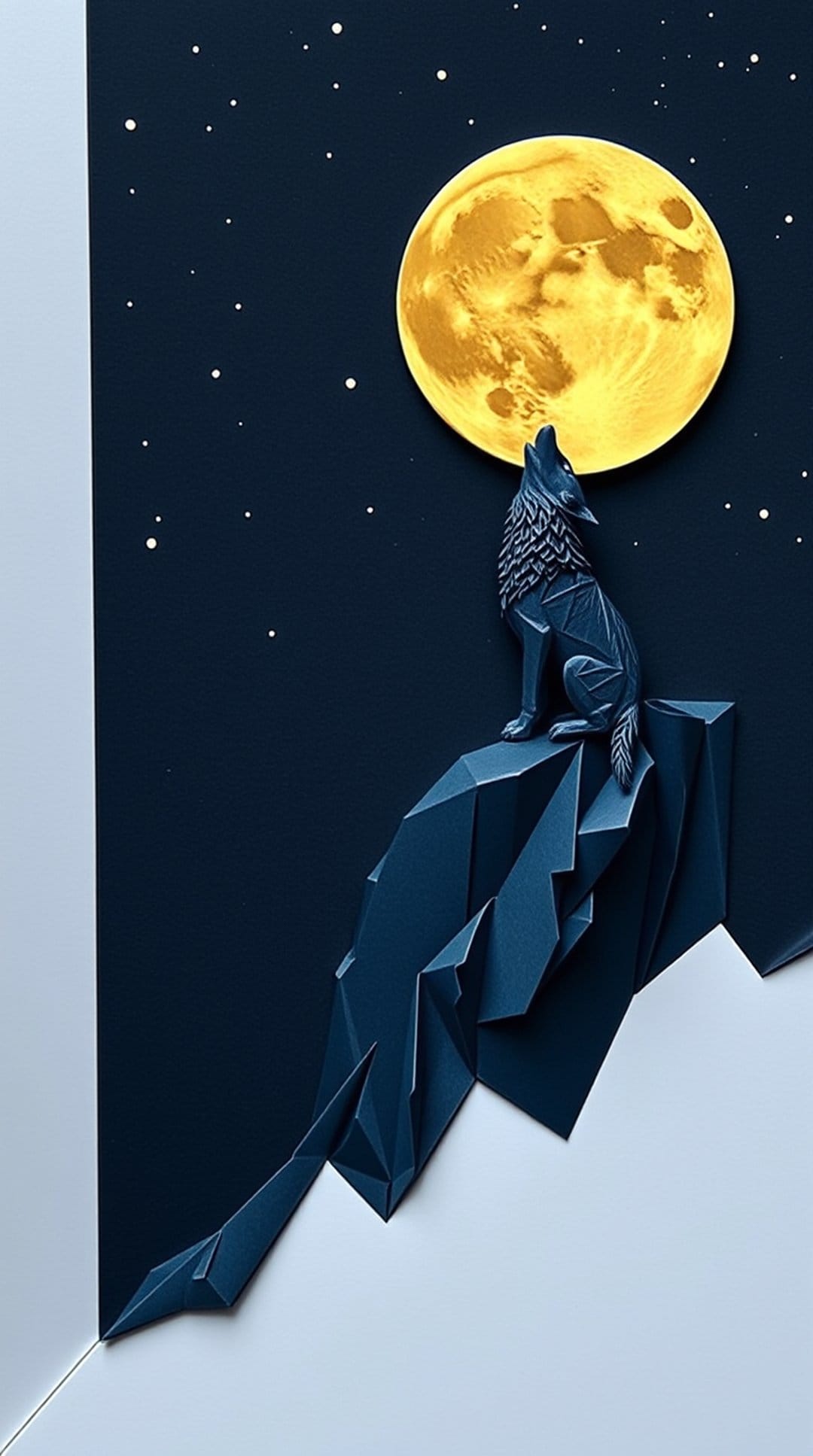 Dark geometric wolf howls toward a large white moon above jagged blue mountain peaks under a starry night sky.