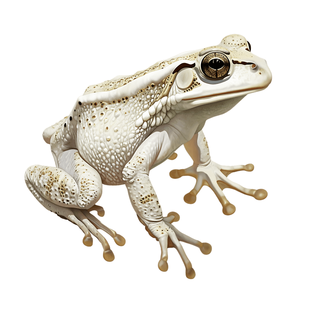 White spotted frog macro shot showcasing textured skin, golden eyes, and webbed feet on a dark background.