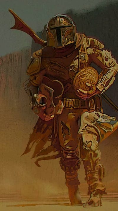 Mandalorian, Star Wars, Din Djarin, Grogu, bounty hunter, beskar, sci-fi, desert, space opera, foundling, armor, fan art, Star Wars character, helmet, warrior, journey, protector, alien, pop culture, art, saga