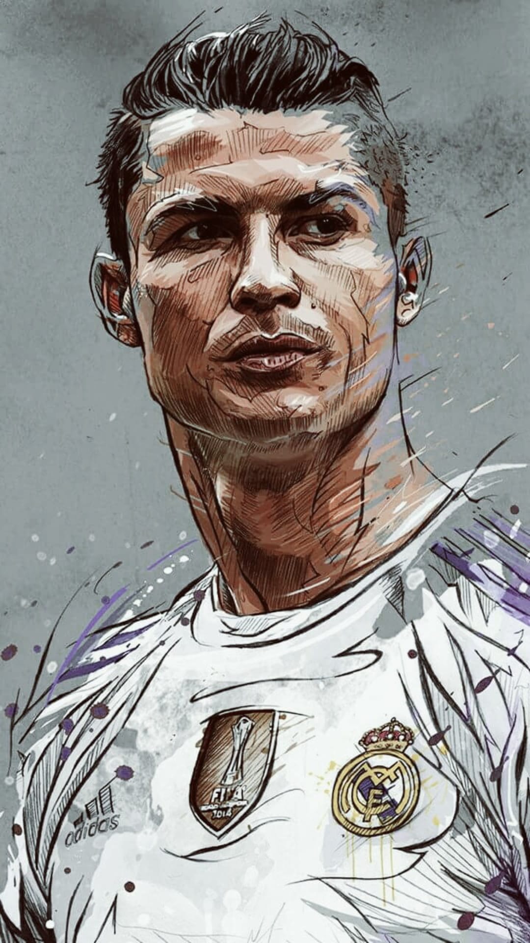Cristiano Ronaldo in a Real Madrid jersey with a determined gaze, rendered in a detailed charcoal sketch style.