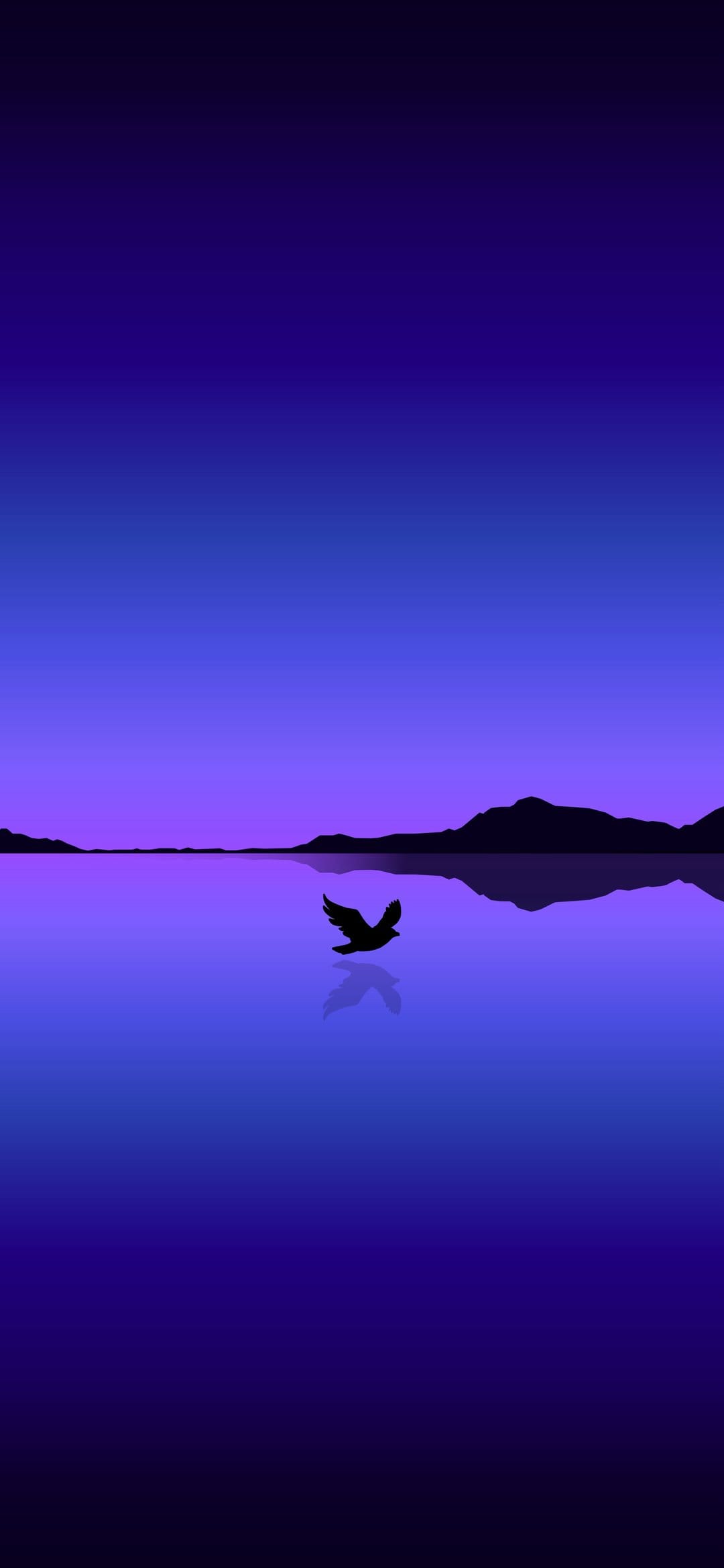 Dark bird silhouette flying over a glassy purple lake with a mirrored reflection and distant mountain peaks.