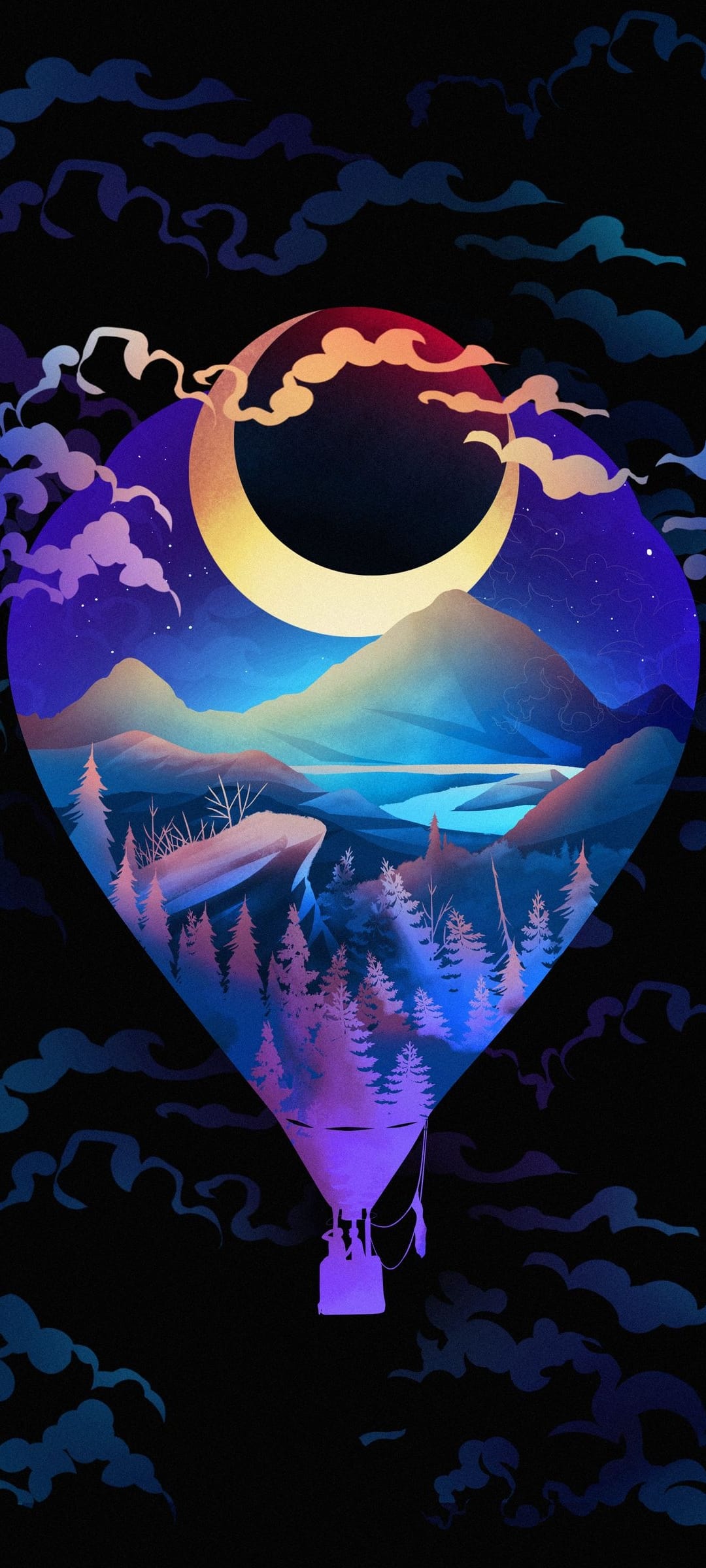Hot air balloon containing a mountain landscape floats in a purple starry sky beside a fiery crescent moon.