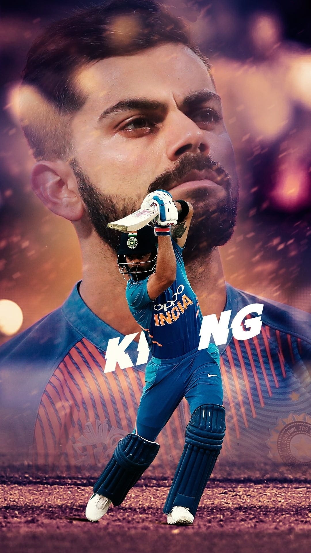 Virat Kohli swings a cricket bat while wearing a blue jersey against an abstract, vibrant blurred background.