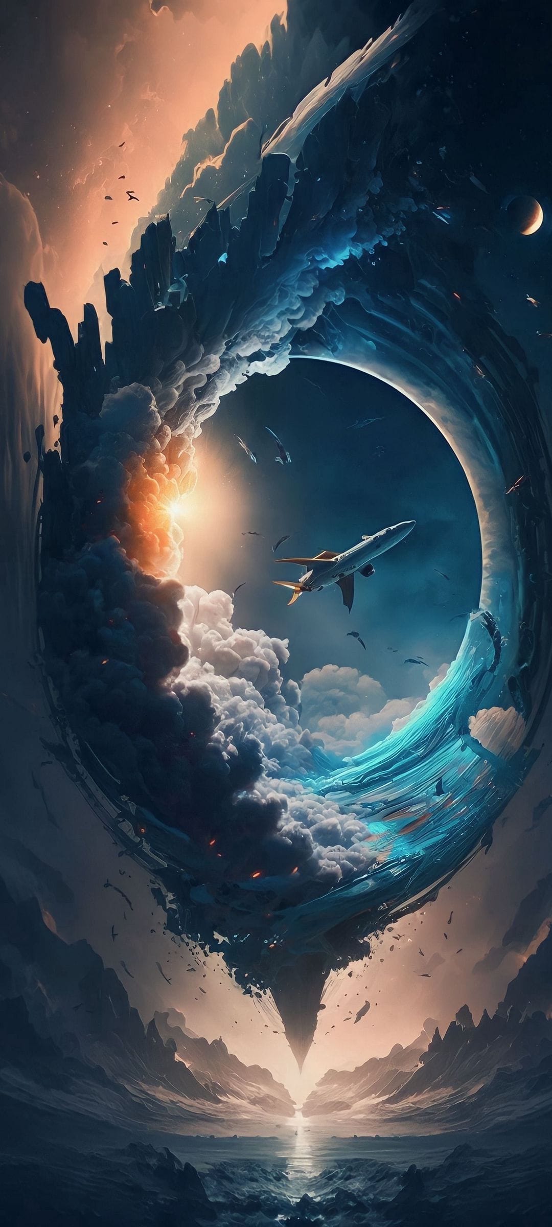 Propeller airplane navigating a massive swirling wave of stardust and celestial clouds beneath a distant moon.