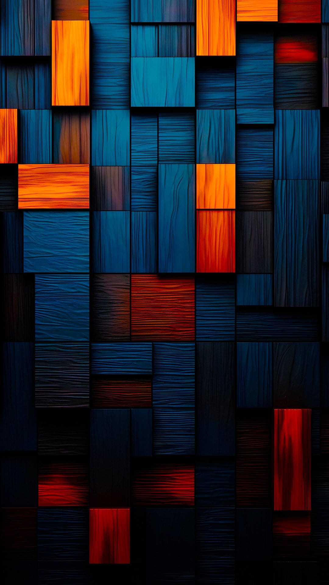 Three-dimensional wood grain cubes in blue, orange, and red arranged in a textured geometric grid pattern.