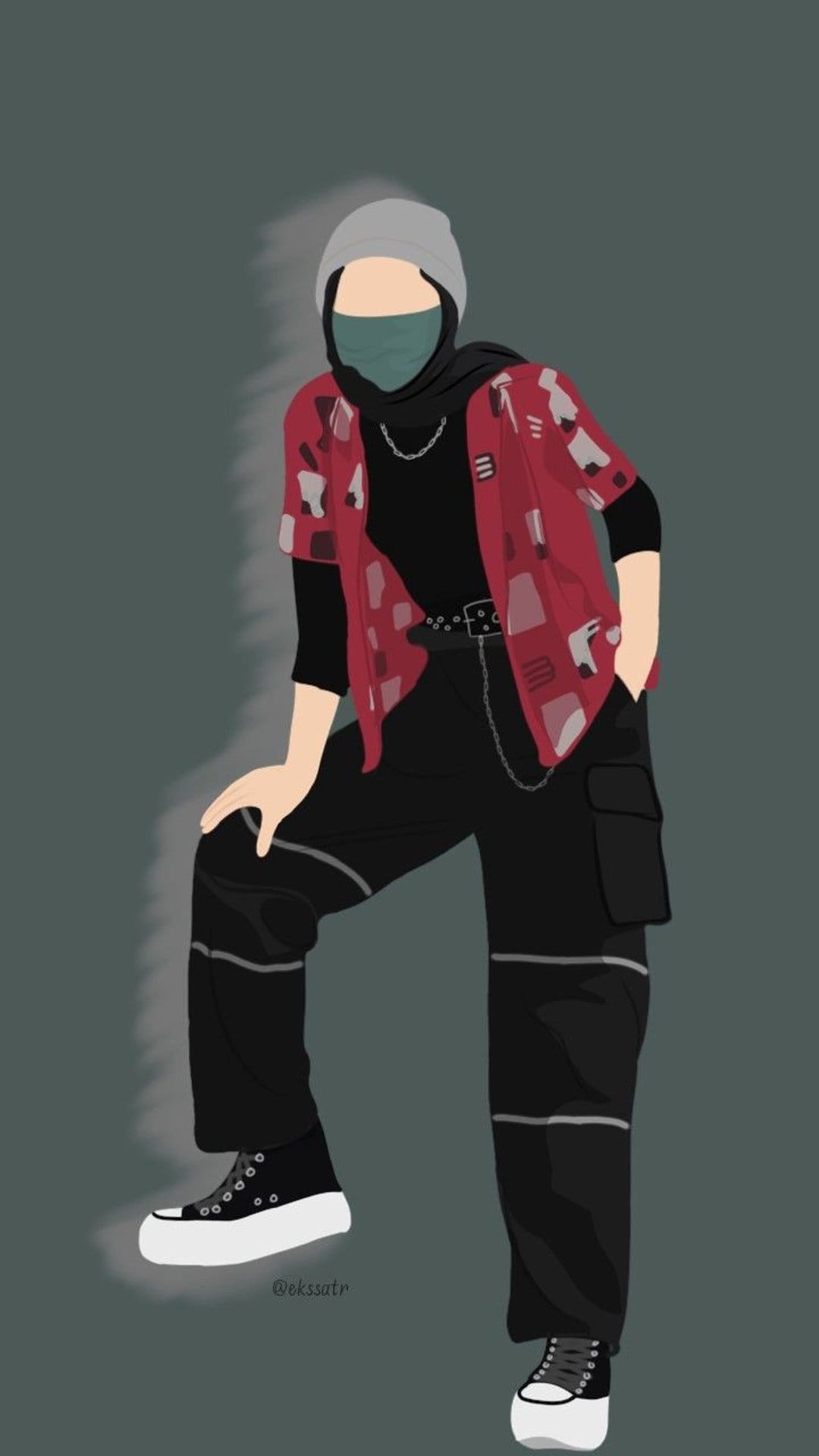Person in a red patterned shirt, black cargo pants, and white platform sneakers poses in a streetwear outfit.