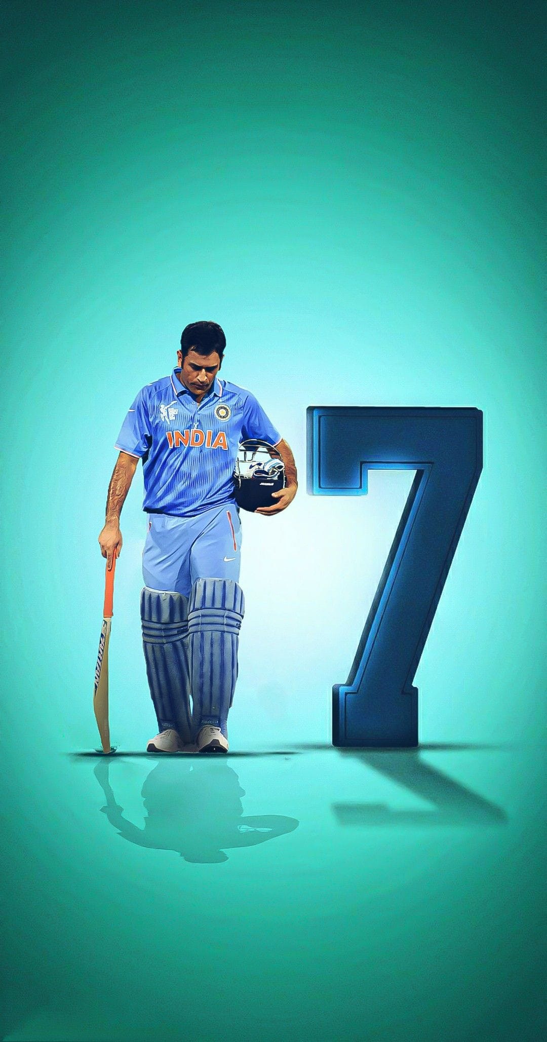 MS Dhoni stands holding a cricket bat and helmet beside a large number seven on a reflective teal surface.