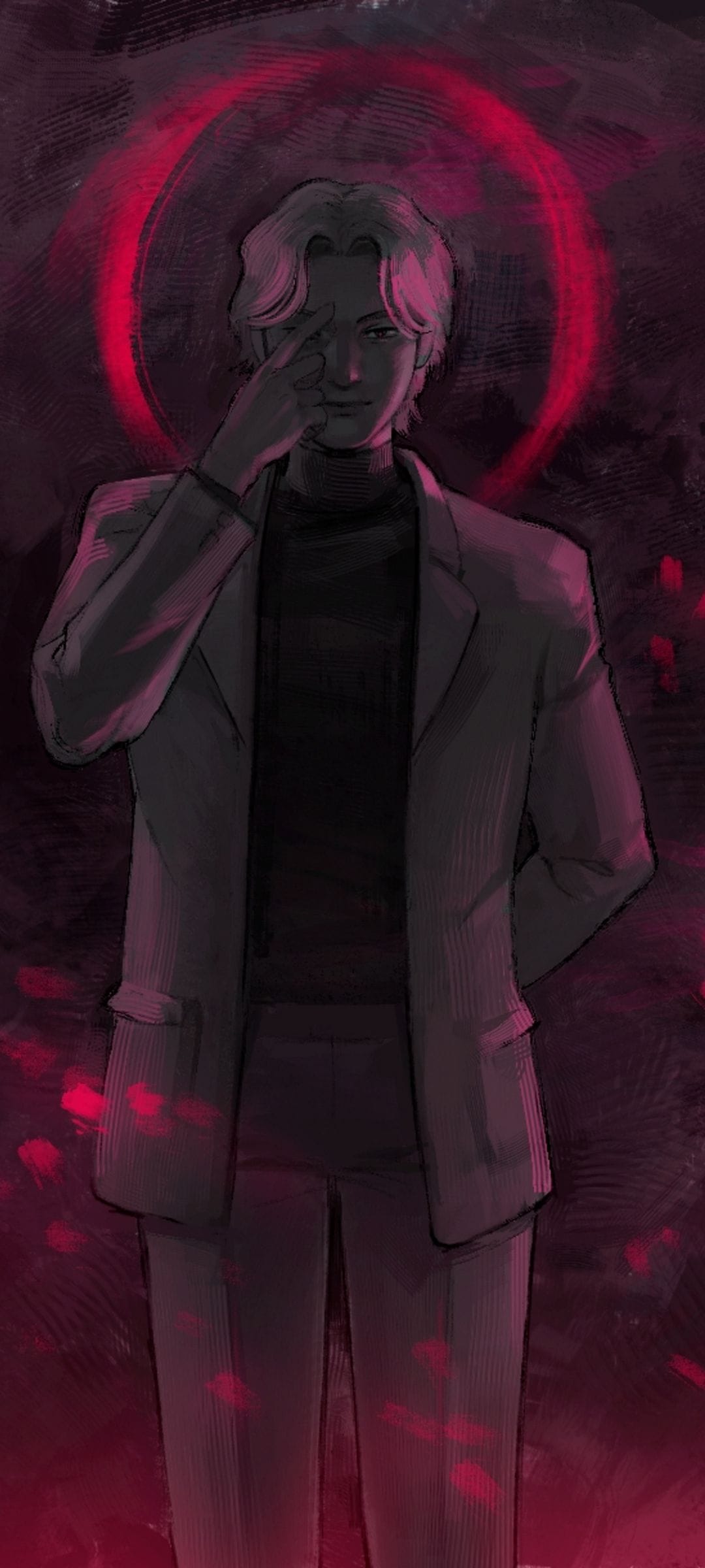 Dark-haired man in a black suit with his hand near his face, surrounded by swirling vibrant red energy and shapes.