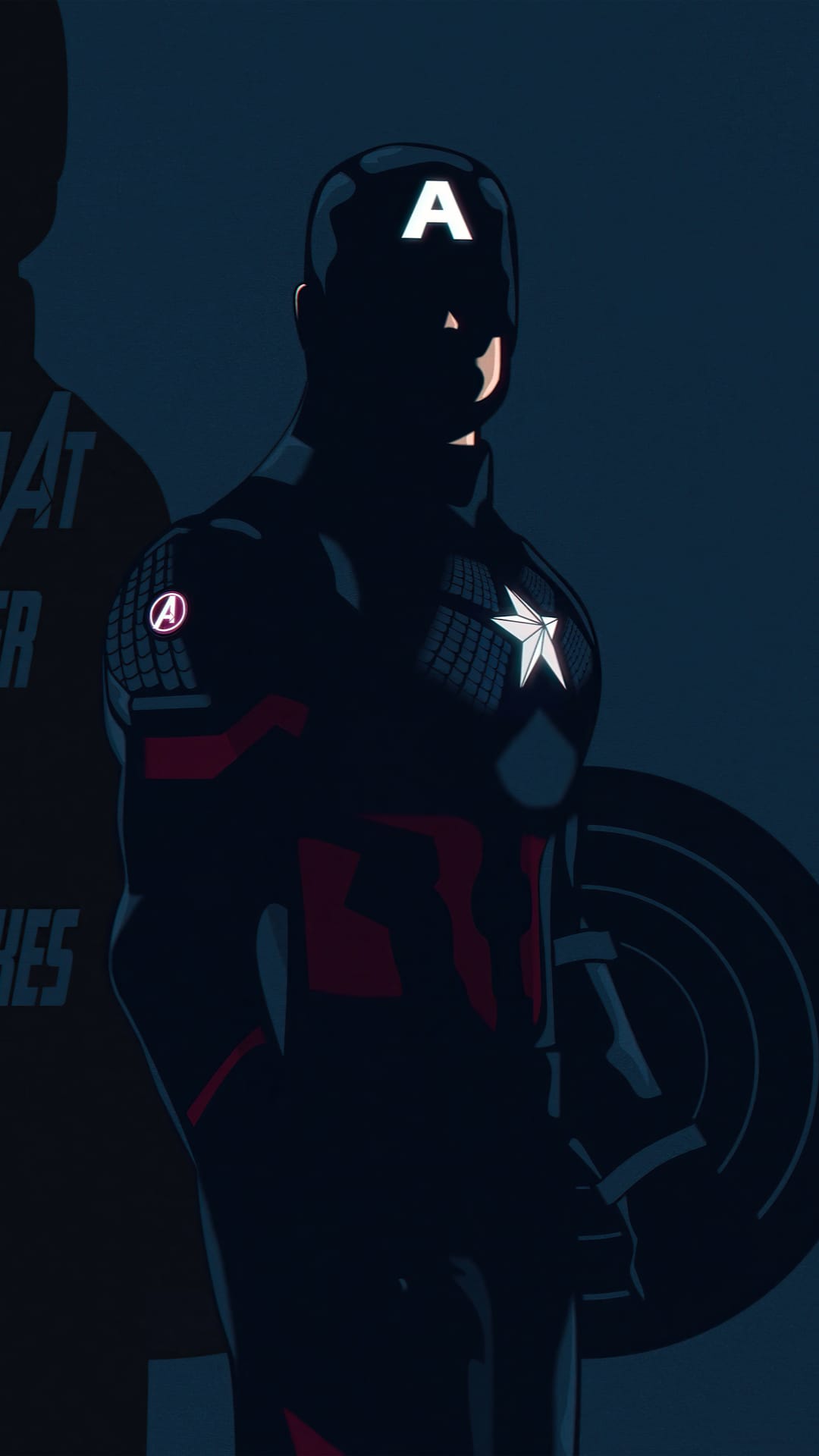 Captain America in a dark blue suit with a white star and helmet 'A' stands before a deep blue backdrop.