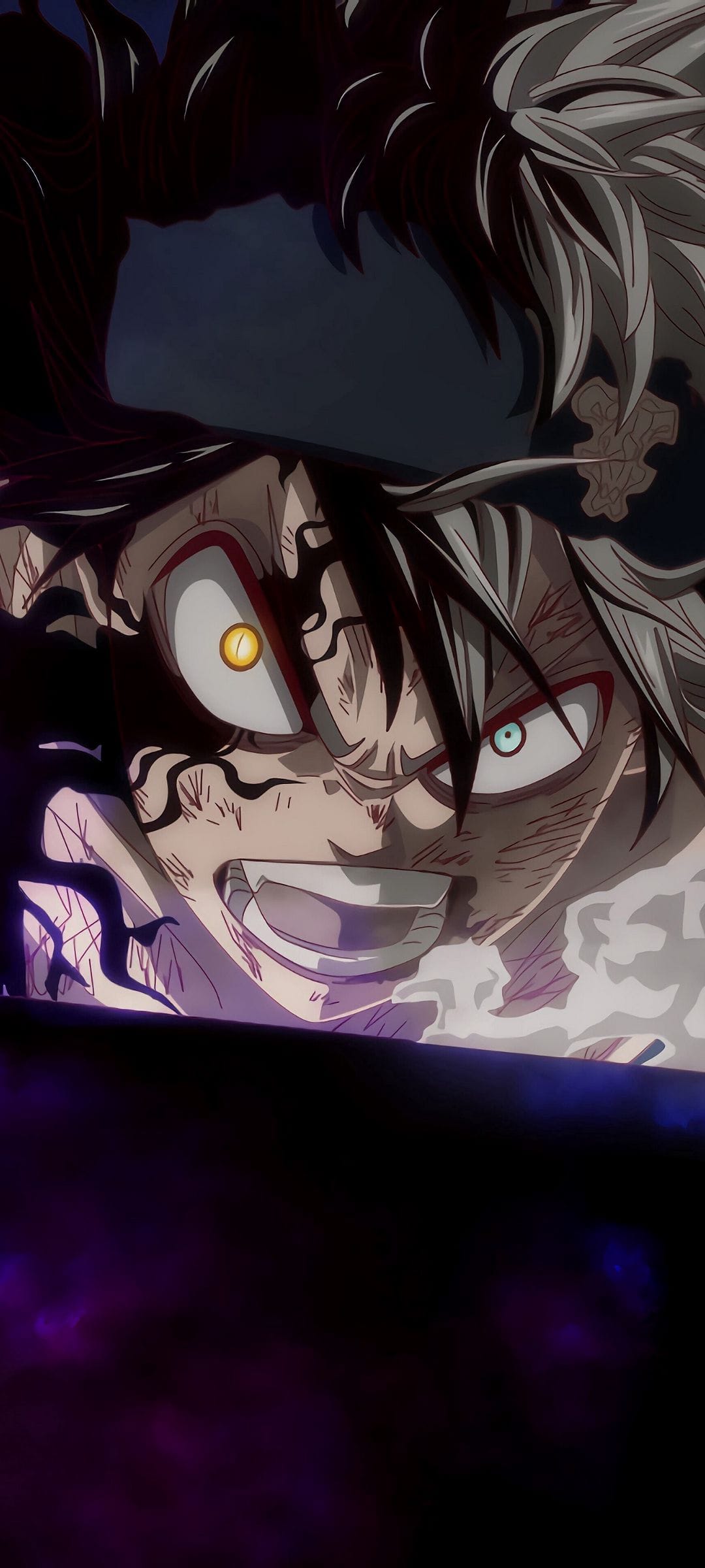 Asta stares forward with glowing red eyes and black facial markings amidst a swirling purple and dark aura.