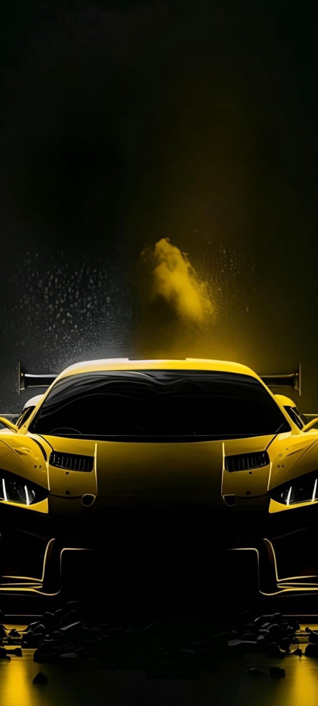 Yellow supercar with aggressive front styling surrounded by dense amber smoke and scattered debris on wet pavement.